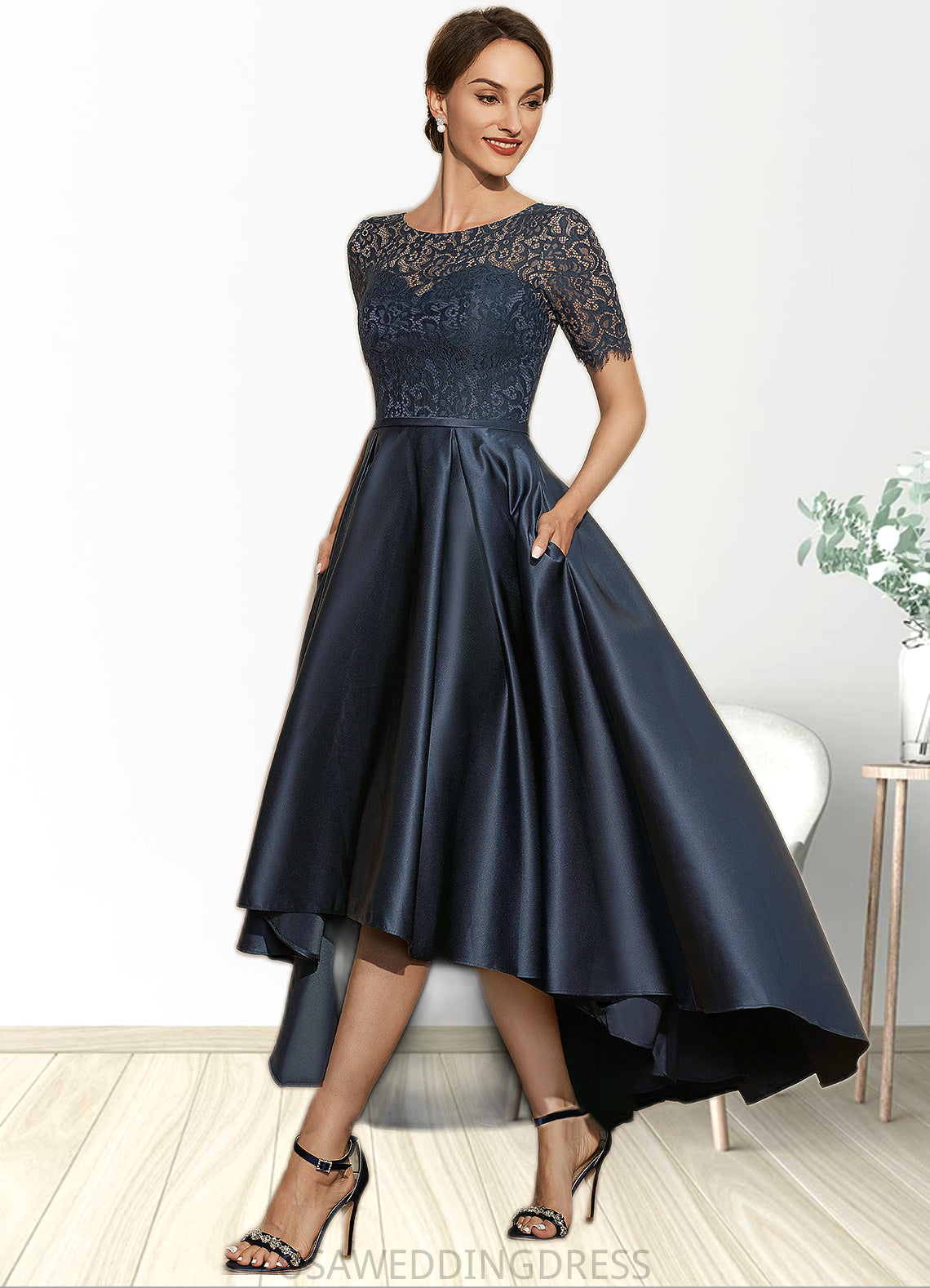 Jasmine A-Line Scoop Neck Asymmetrical Satin Lace Mother of the Bride Dress With Pockets DS126P0014613