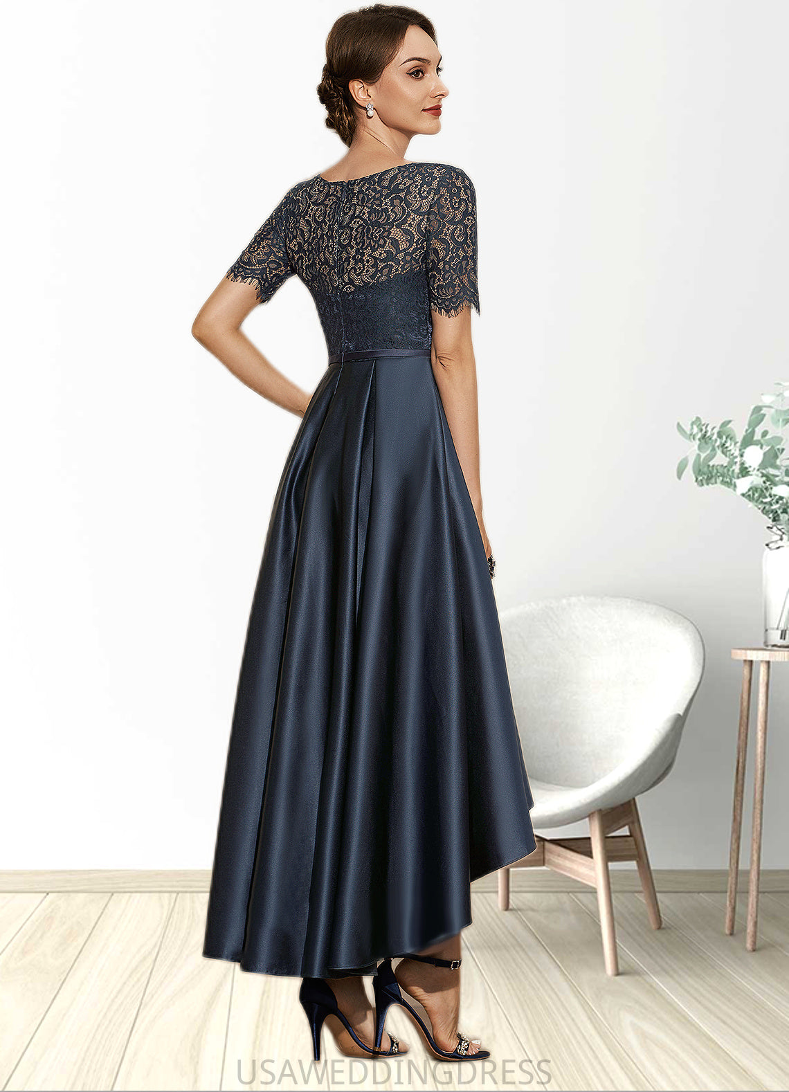 Jasmine A-Line Scoop Neck Asymmetrical Satin Lace Mother of the Bride Dress With Pockets DS126P0014613