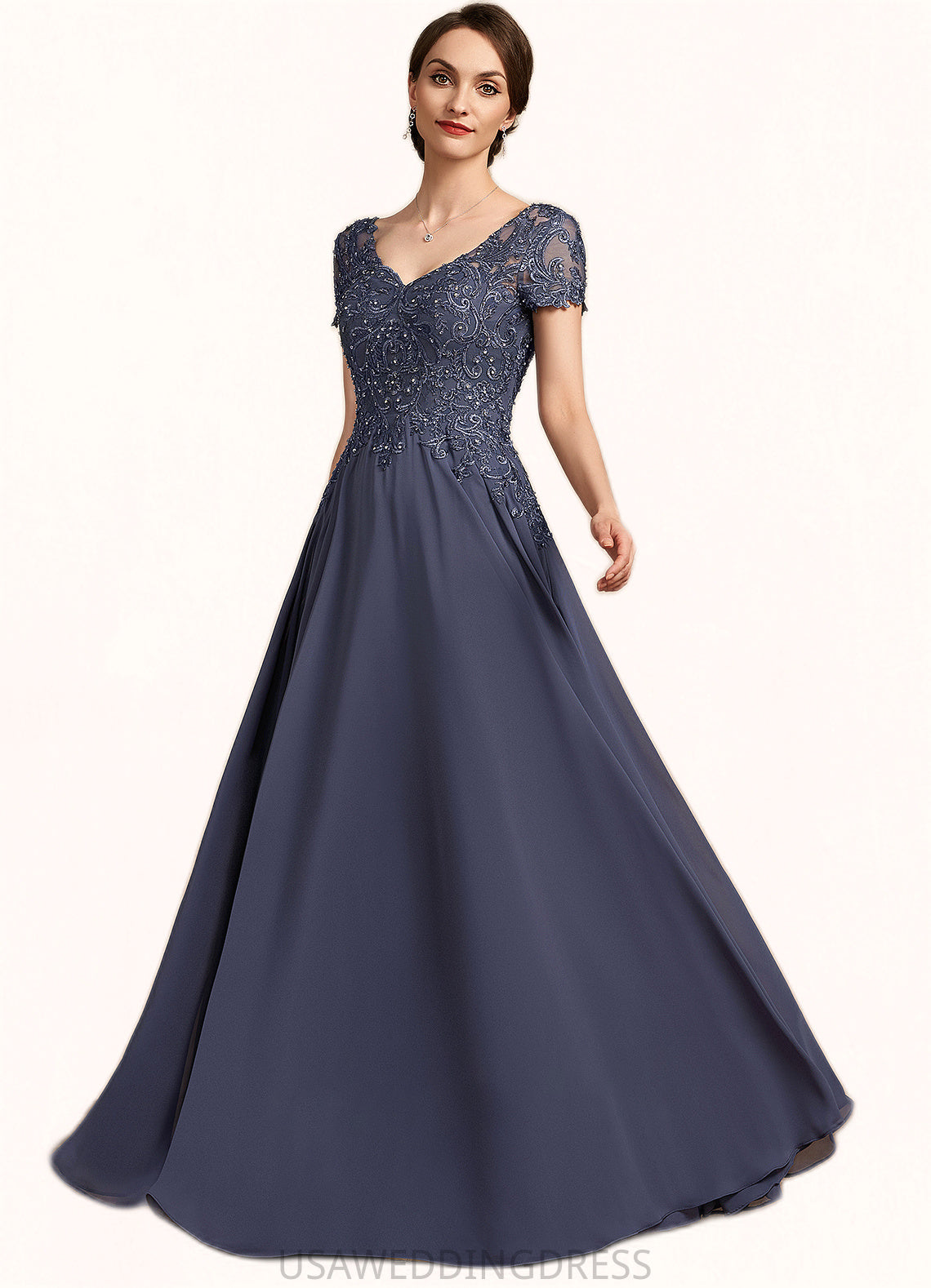 Saniya A-line V-Neck Floor-Length Chiffon Lace Mother of the Bride Dress With Beading Sequins DS126P0014614