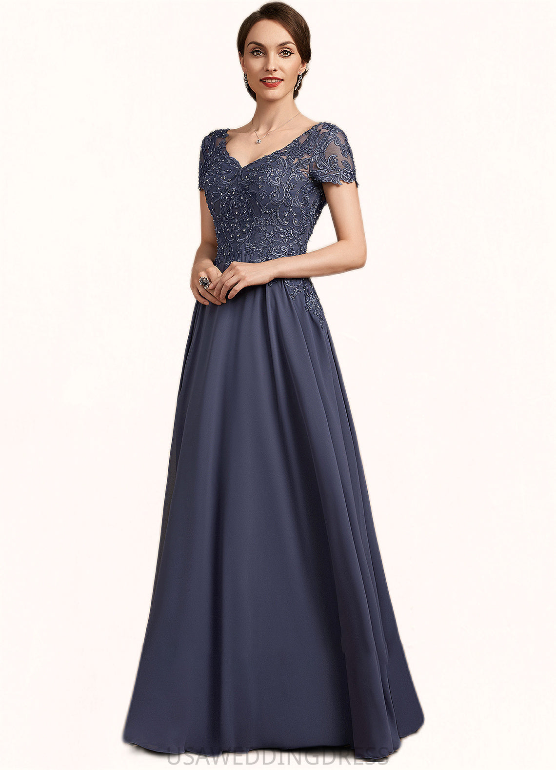 Saniya A-line V-Neck Floor-Length Chiffon Lace Mother of the Bride Dress With Beading Sequins DS126P0014614