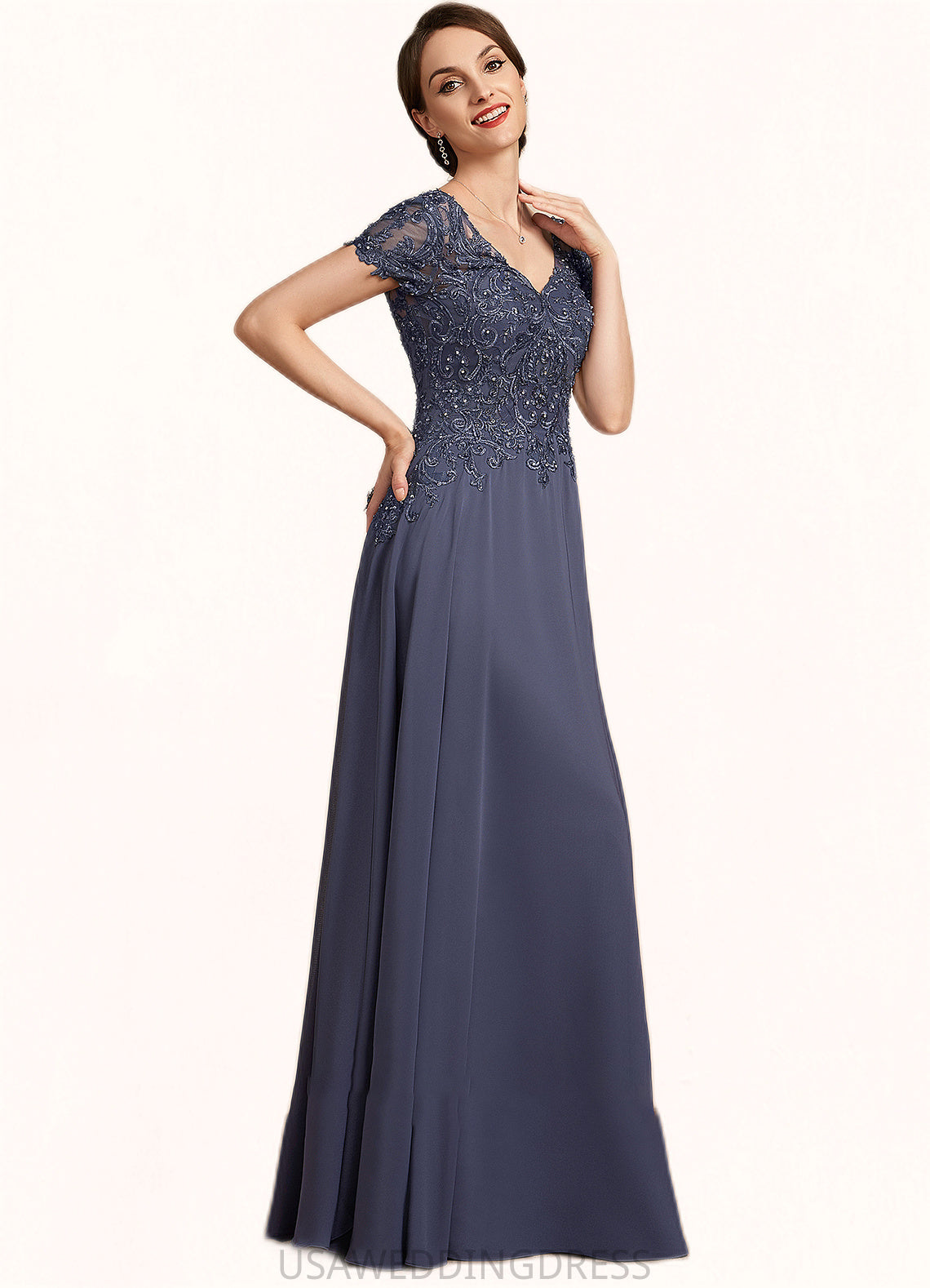 Saniya A-line V-Neck Floor-Length Chiffon Lace Mother of the Bride Dress With Beading Sequins DS126P0014614