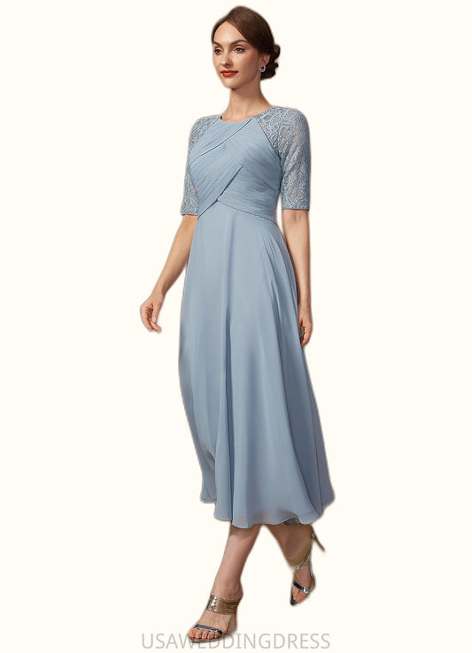 Cara A-Line Scoop Neck Tea-Length Chiffon Lace Mother of the Bride Dress With Ruffle DS126P0014616