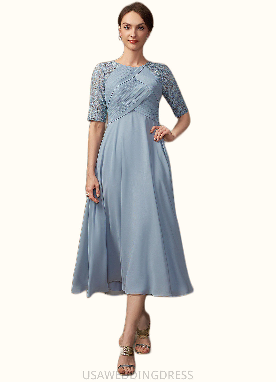 Cara A-Line Scoop Neck Tea-Length Chiffon Lace Mother of the Bride Dress With Ruffle DS126P0014616