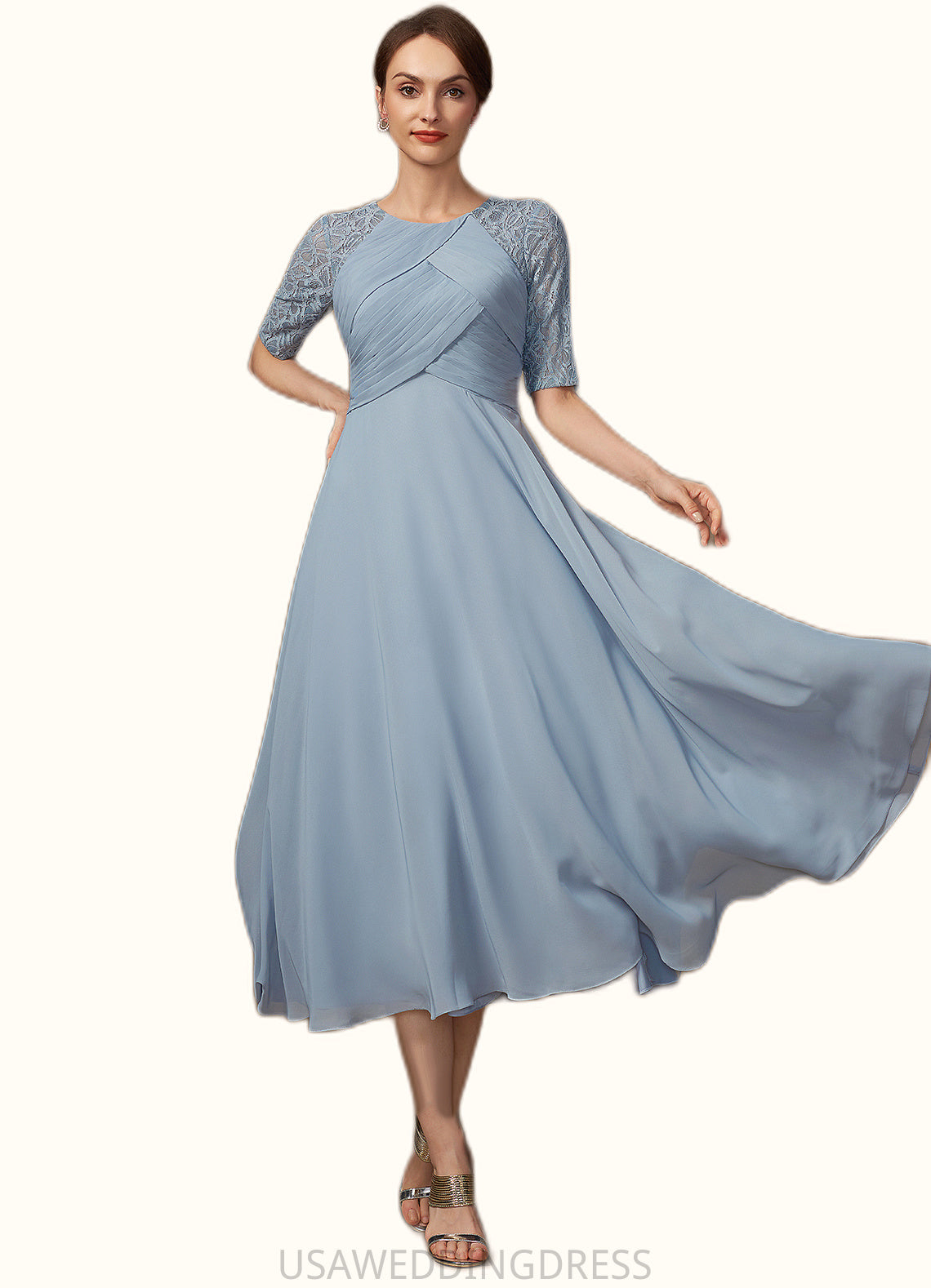 Cara A-Line Scoop Neck Tea-Length Chiffon Lace Mother of the Bride Dress With Ruffle DS126P0014616