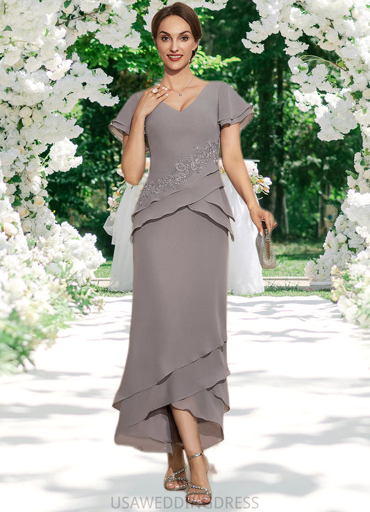 Serenity Sheath/Column V-neck Asymmetrical Chiffon Mother of the Bride Dress With Appliques Lace Cascading Ruffles DS126P0014617