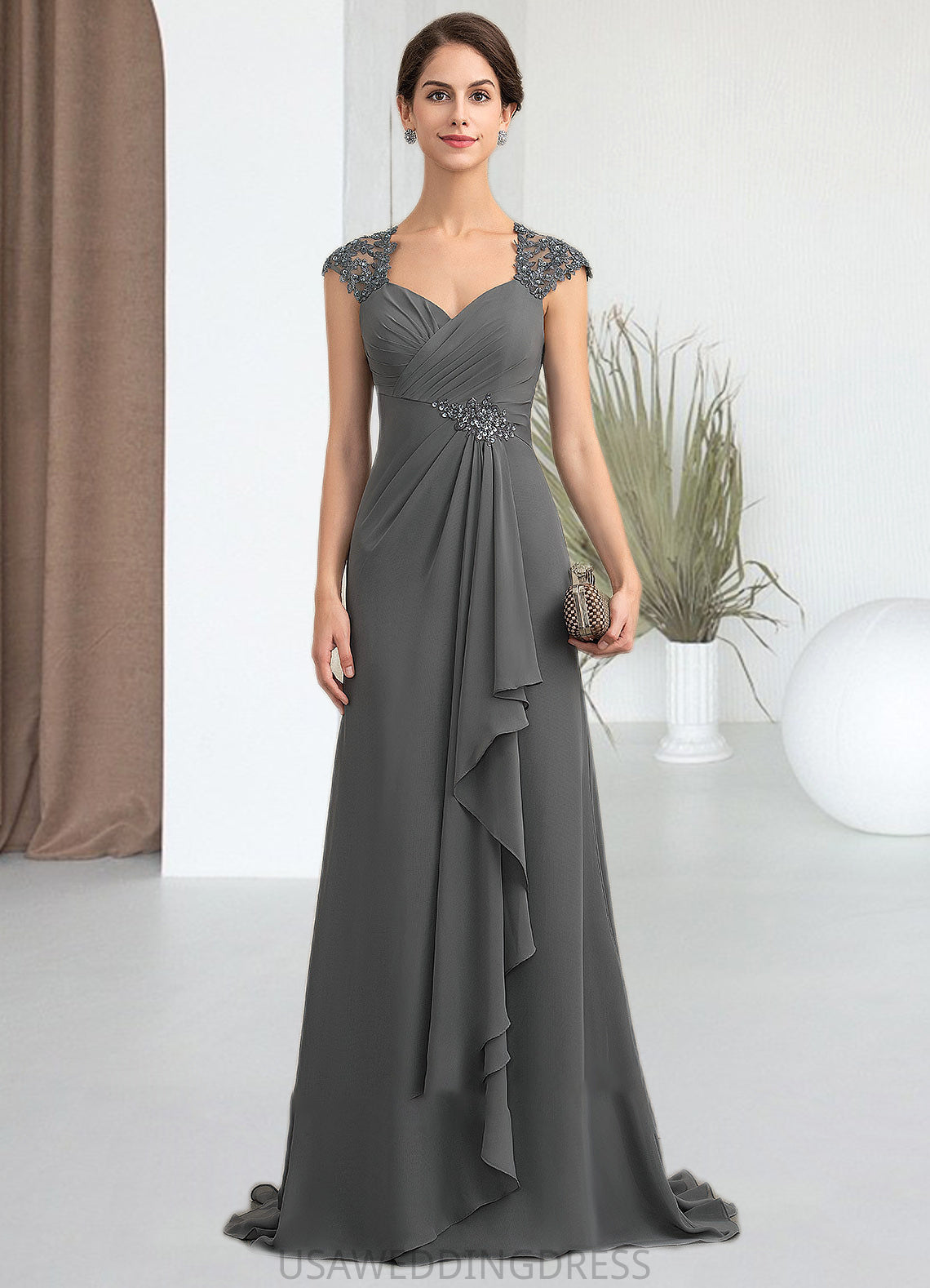 Kasey A-Line Sweetheart Sweep Train Chiffon Lace Mother of the Bride Dress With Beading Sequins DS126P0014618