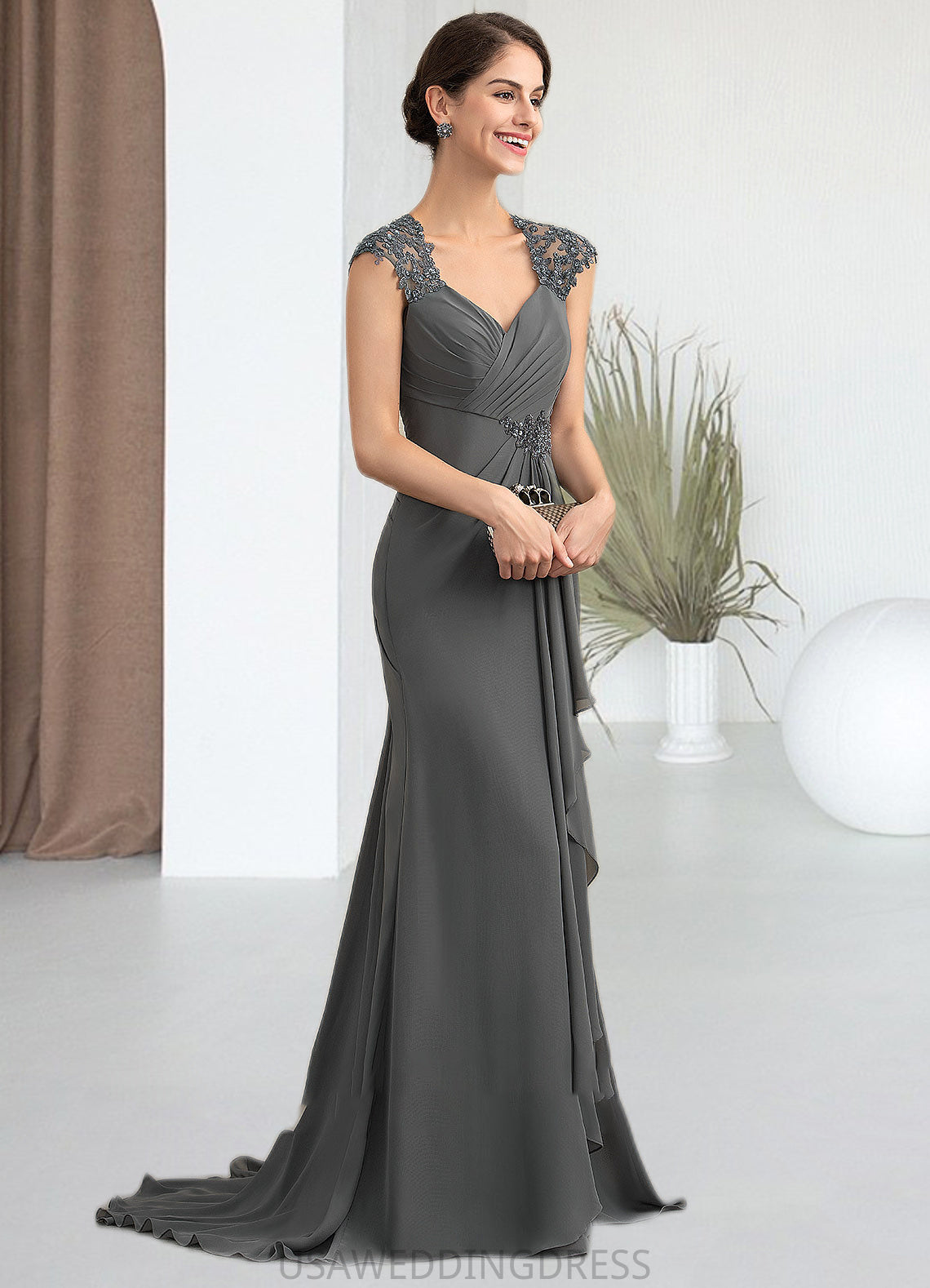 Kasey A-Line Sweetheart Sweep Train Chiffon Lace Mother of the Bride Dress With Beading Sequins DS126P0014618