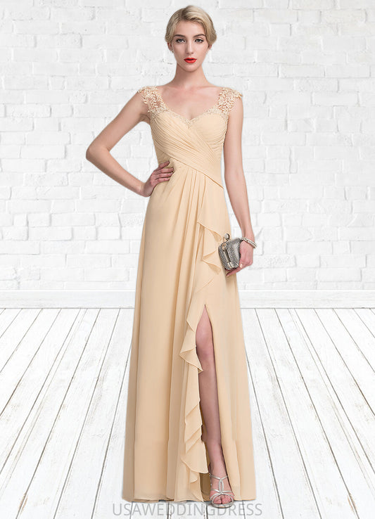 Skylar A-Line V-neck Floor-Length Chiffon Lace Mother of the Bride Dress With Split Front Cascading Ruffles DS126P0014619