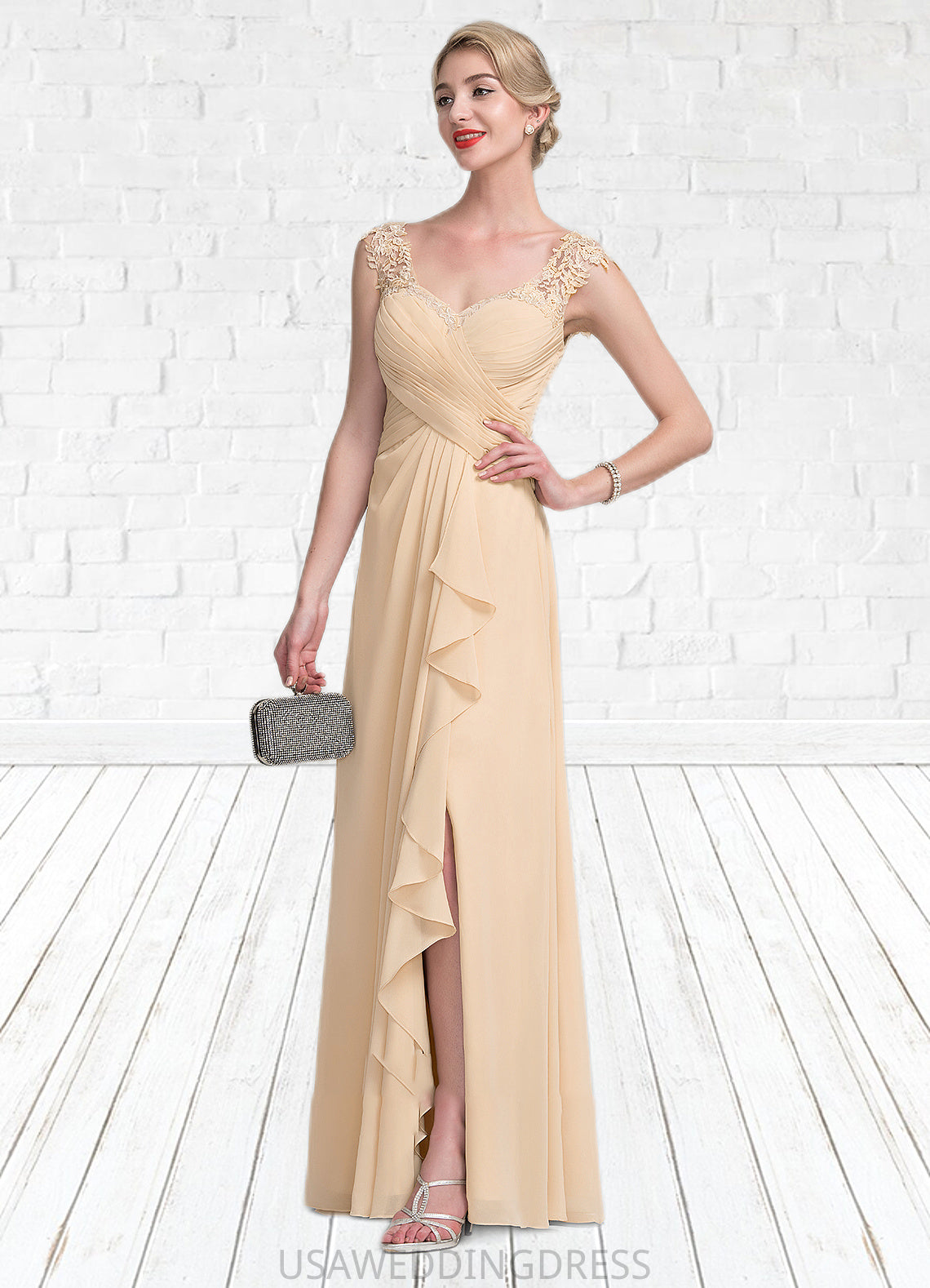 Skylar A-Line V-neck Floor-Length Chiffon Lace Mother of the Bride Dress With Split Front Cascading Ruffles DS126P0014619