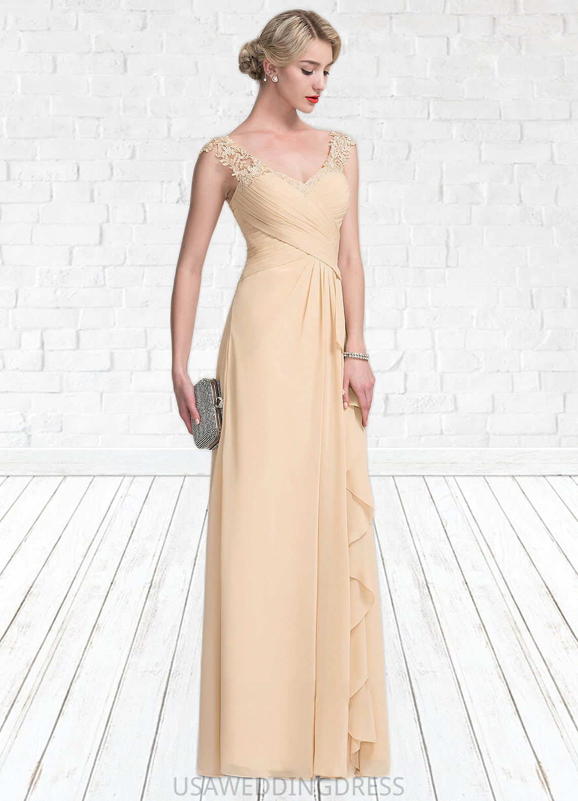 Skylar A-Line V-neck Floor-Length Chiffon Lace Mother of the Bride Dress With Split Front Cascading Ruffles DS126P0014619