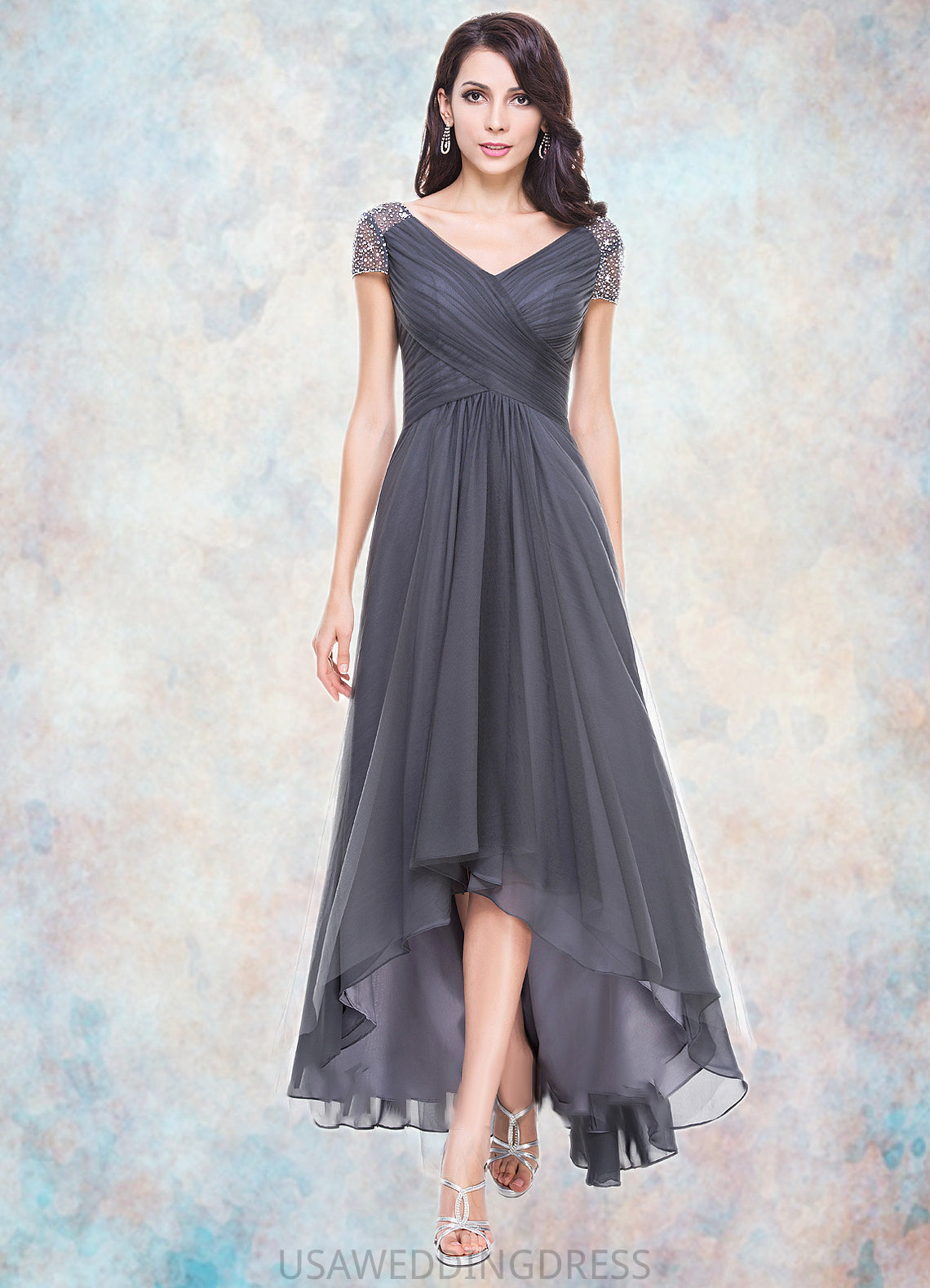 Ava A-Line V-neck Asymmetrical Tulle Mother of the Bride Dress With Ruffle Beading Sequins DS126P0014620