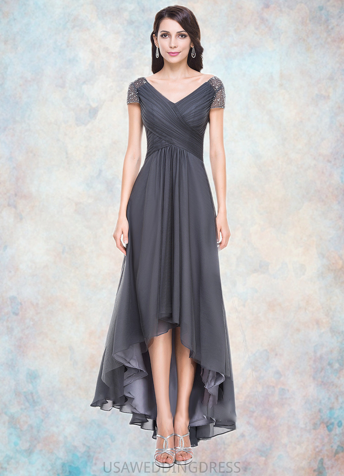 Ava A-Line V-neck Asymmetrical Tulle Mother of the Bride Dress With Ruffle Beading Sequins DS126P0014620