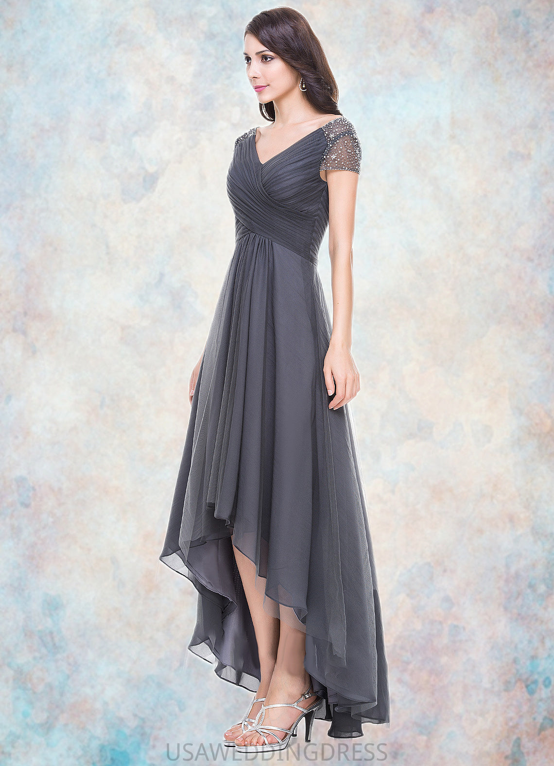 Ava A-Line V-neck Asymmetrical Tulle Mother of the Bride Dress With Ruffle Beading Sequins DS126P0014620