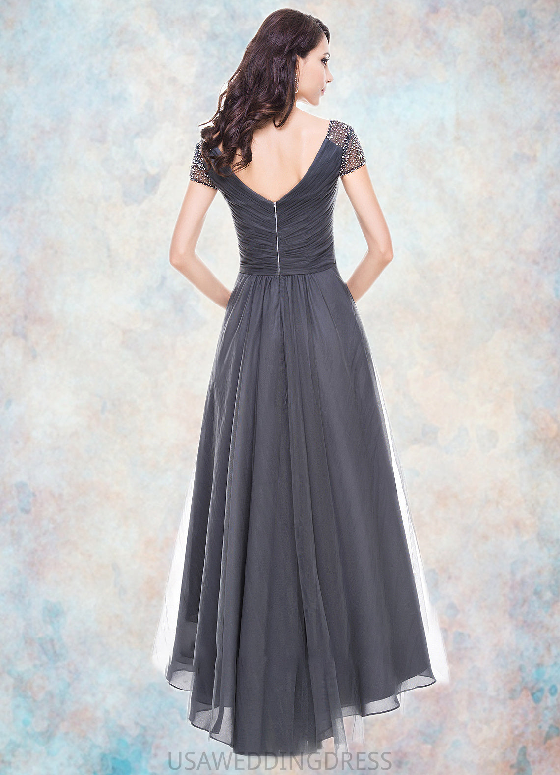 Ava A-Line V-neck Asymmetrical Tulle Mother of the Bride Dress With Ruffle Beading Sequins DS126P0014620