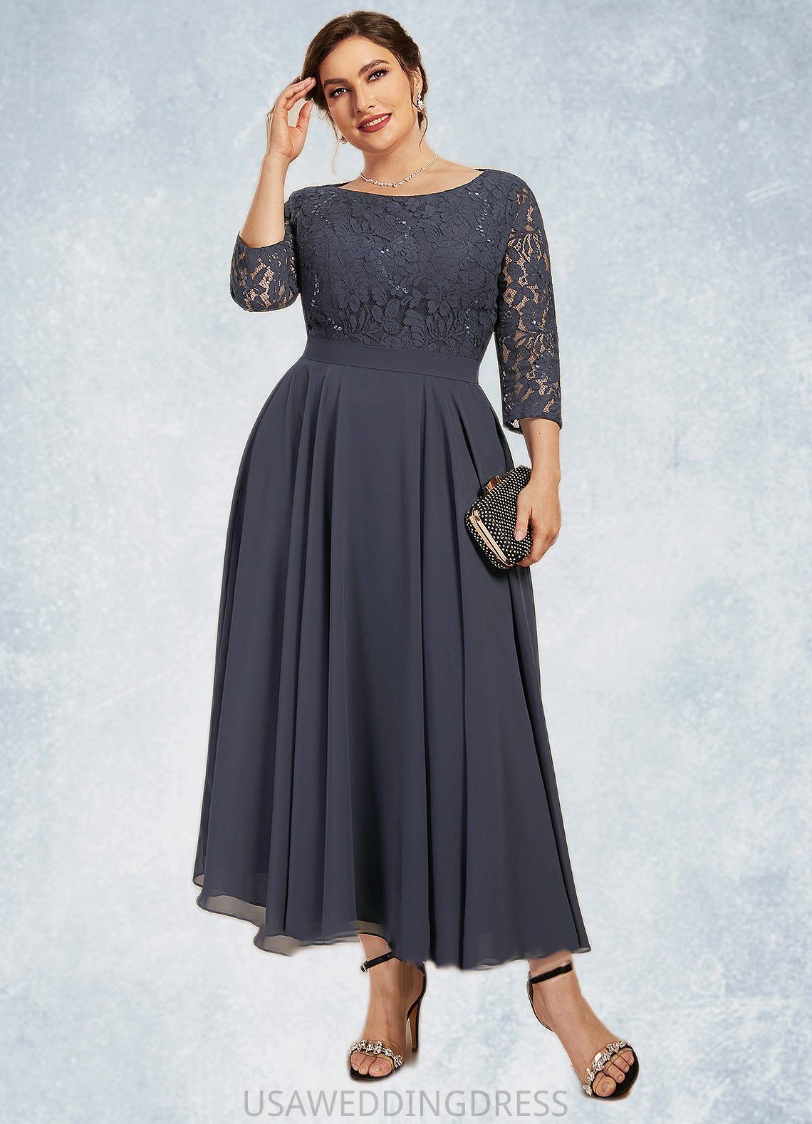 Marisa A-Line Scoop Neck Tea-Length Chiffon Lace Mother of the Bride Dress With Sequins DS126P0014621