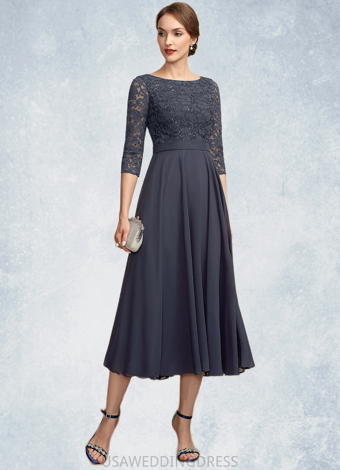 Marisa A-Line Scoop Neck Tea-Length Chiffon Lace Mother of the Bride Dress With Sequins DS126P0014621