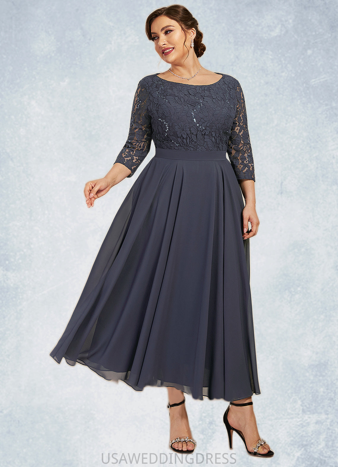 Marisa A-Line Scoop Neck Tea-Length Chiffon Lace Mother of the Bride Dress With Sequins DS126P0014621