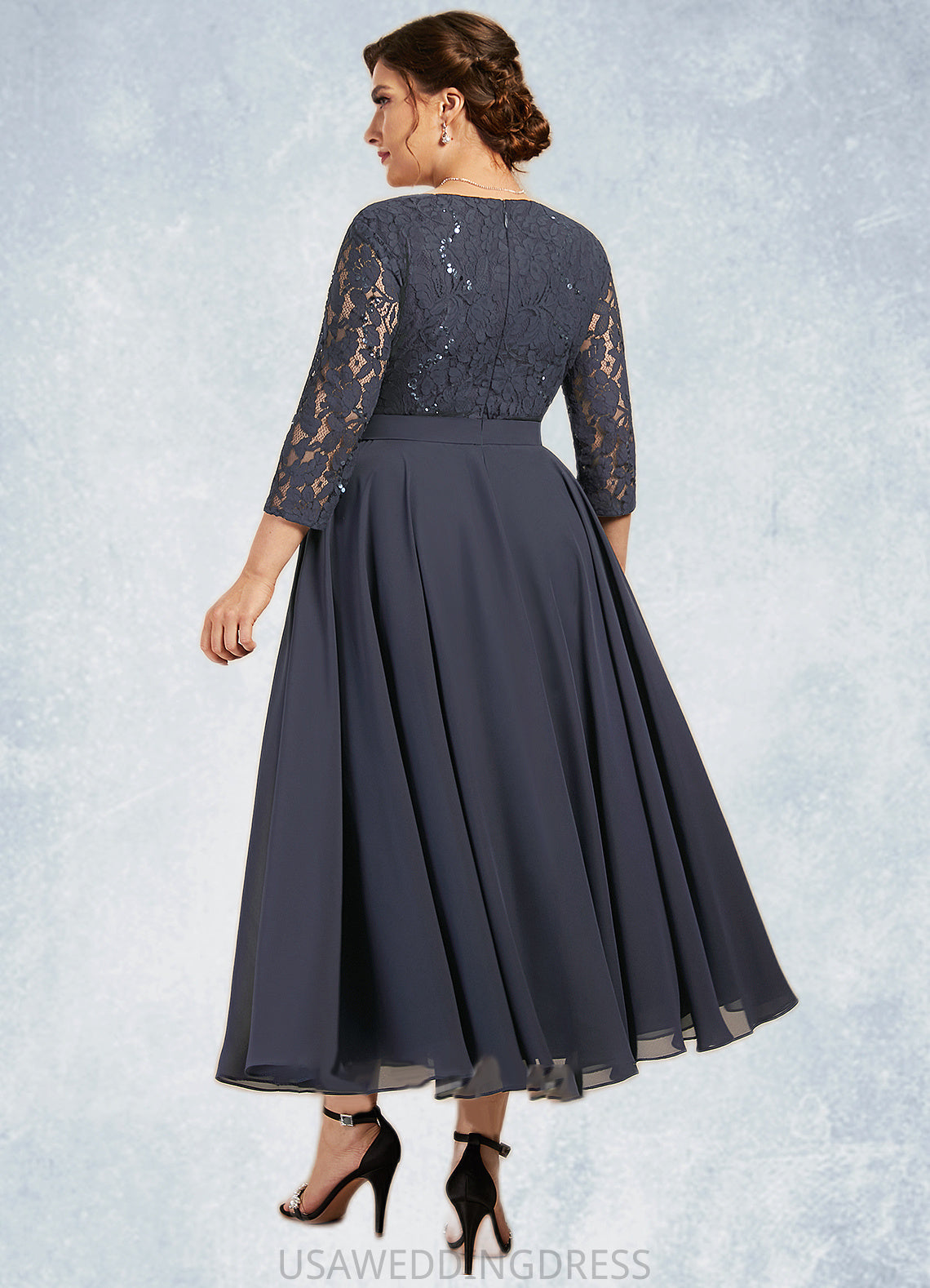 Marisa A-Line Scoop Neck Tea-Length Chiffon Lace Mother of the Bride Dress With Sequins DS126P0014621