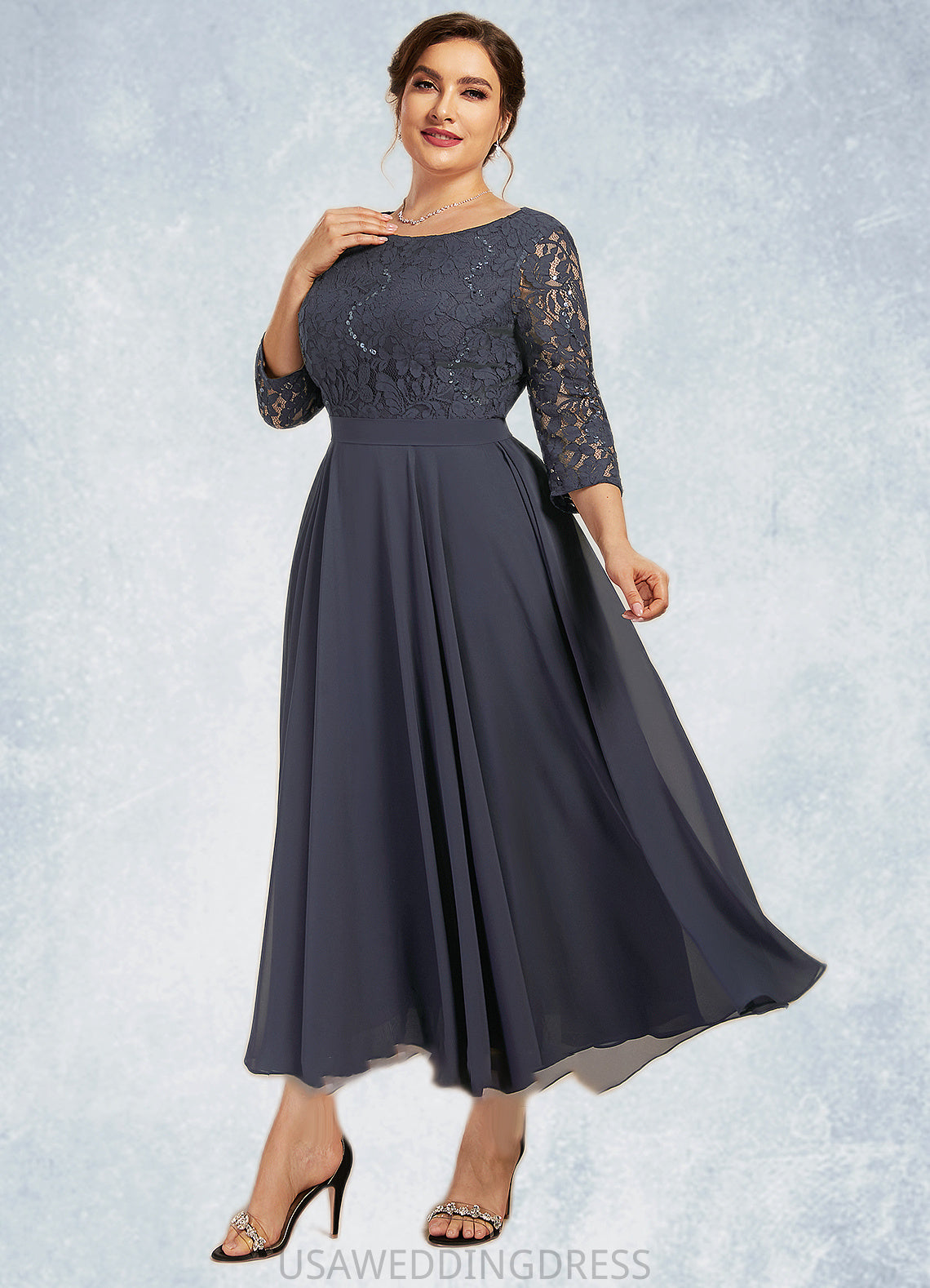 Marisa A-Line Scoop Neck Tea-Length Chiffon Lace Mother of the Bride Dress With Sequins DS126P0014621