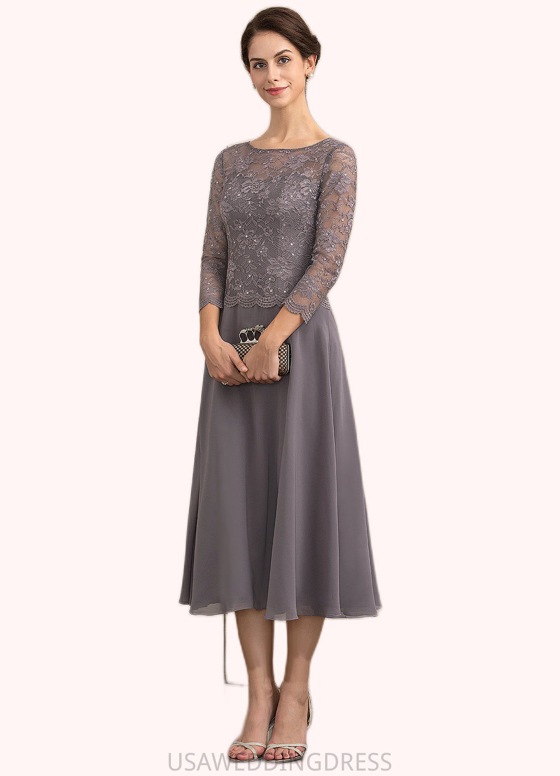 Baylee A-Line Scoop Neck Tea-Length Chiffon Lace Mother of the Bride Dress With Sequins DS126P0014622