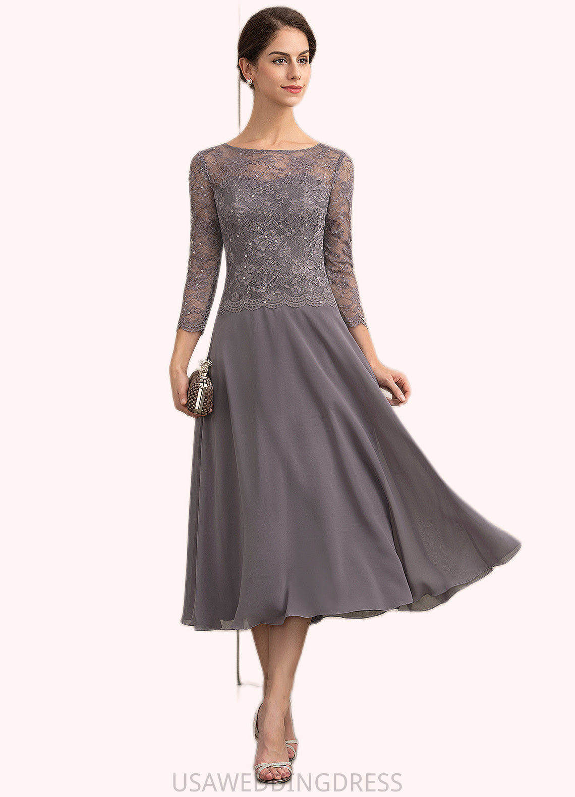 Baylee A-Line Scoop Neck Tea-Length Chiffon Lace Mother of the Bride Dress With Sequins DS126P0014622