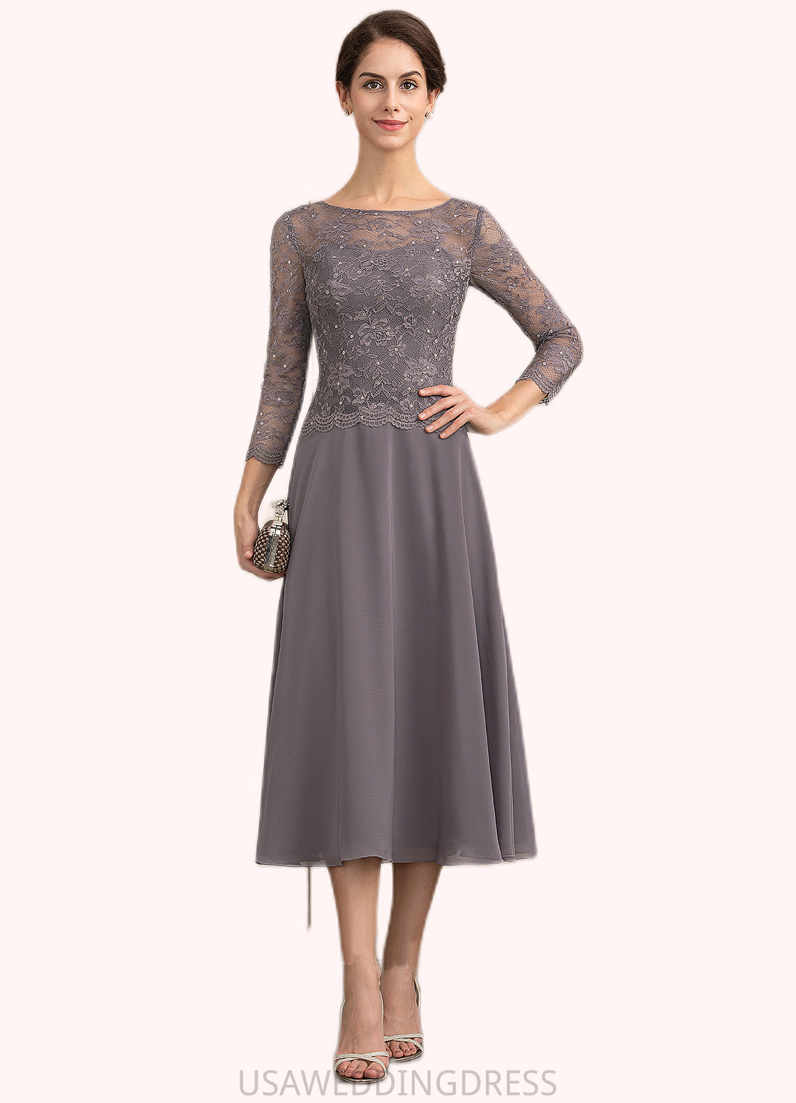 Baylee A-Line Scoop Neck Tea-Length Chiffon Lace Mother of the Bride Dress With Sequins DS126P0014622