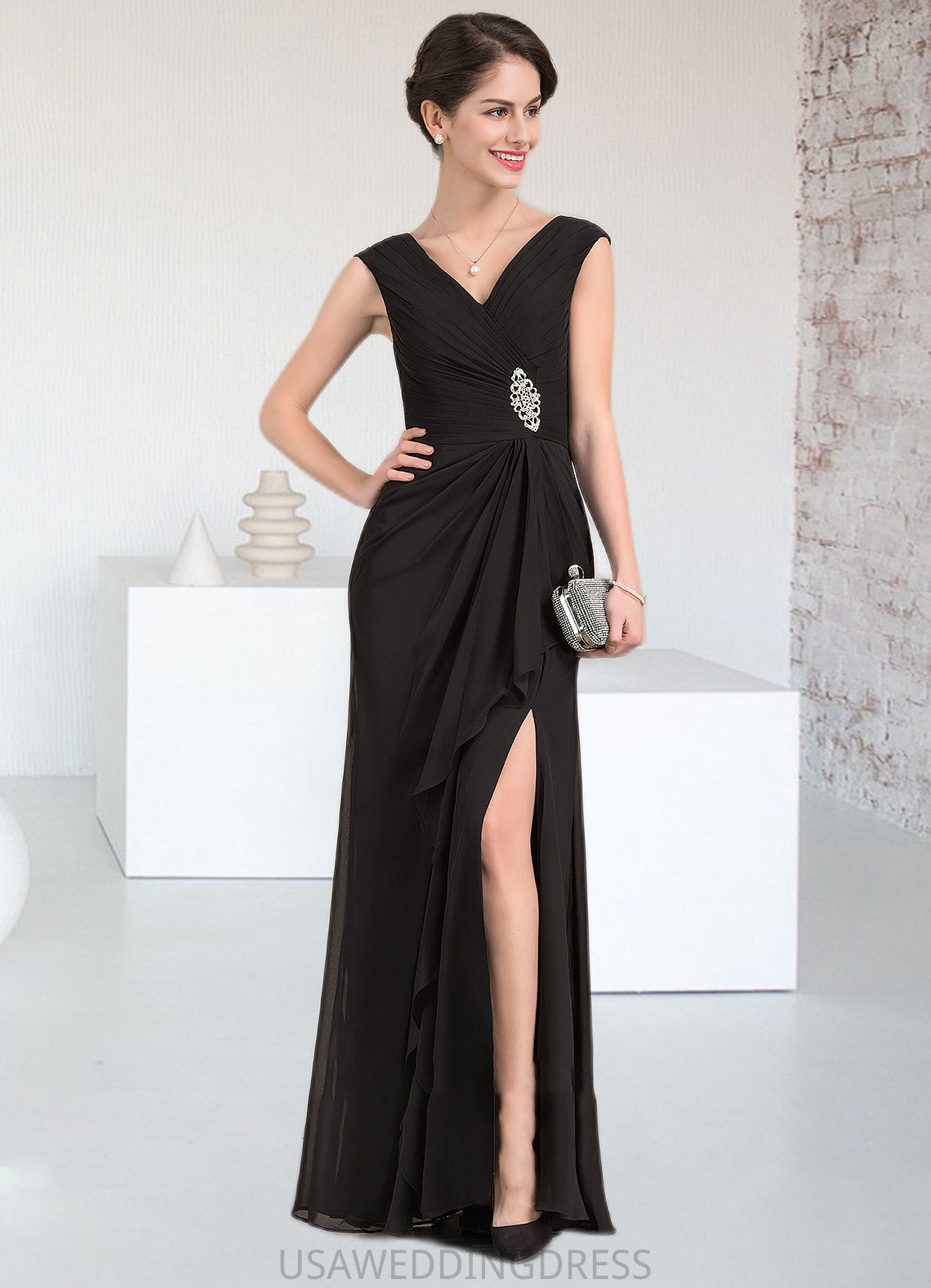 June A-Line V-neck Floor-Length Chiffon Mother of the Bride Dress With Beading Split Front Cascading Ruffles DS126P0014623