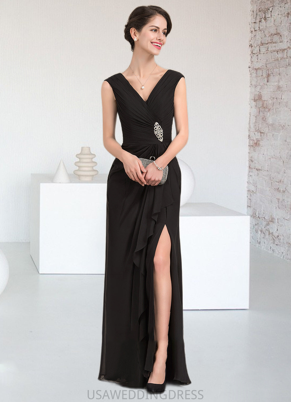 June A-Line V-neck Floor-Length Chiffon Mother of the Bride Dress With Beading Split Front Cascading Ruffles DS126P0014623