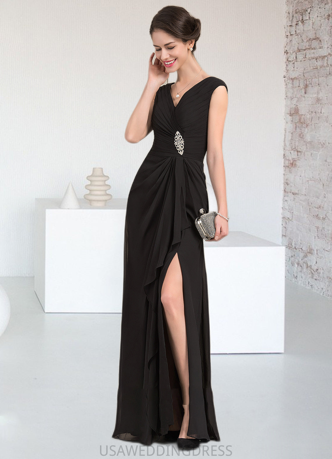 June A-Line V-neck Floor-Length Chiffon Mother of the Bride Dress With Beading Split Front Cascading Ruffles DS126P0014623