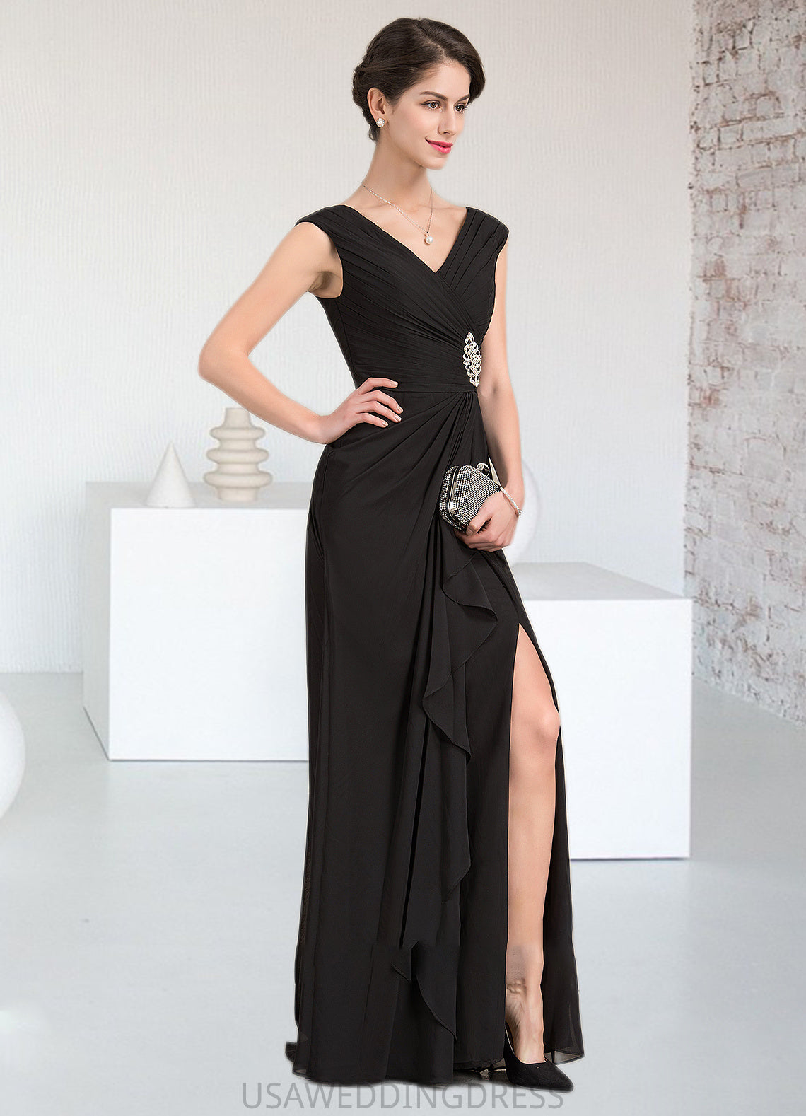 June A-Line V-neck Floor-Length Chiffon Mother of the Bride Dress With Beading Split Front Cascading Ruffles DS126P0014623