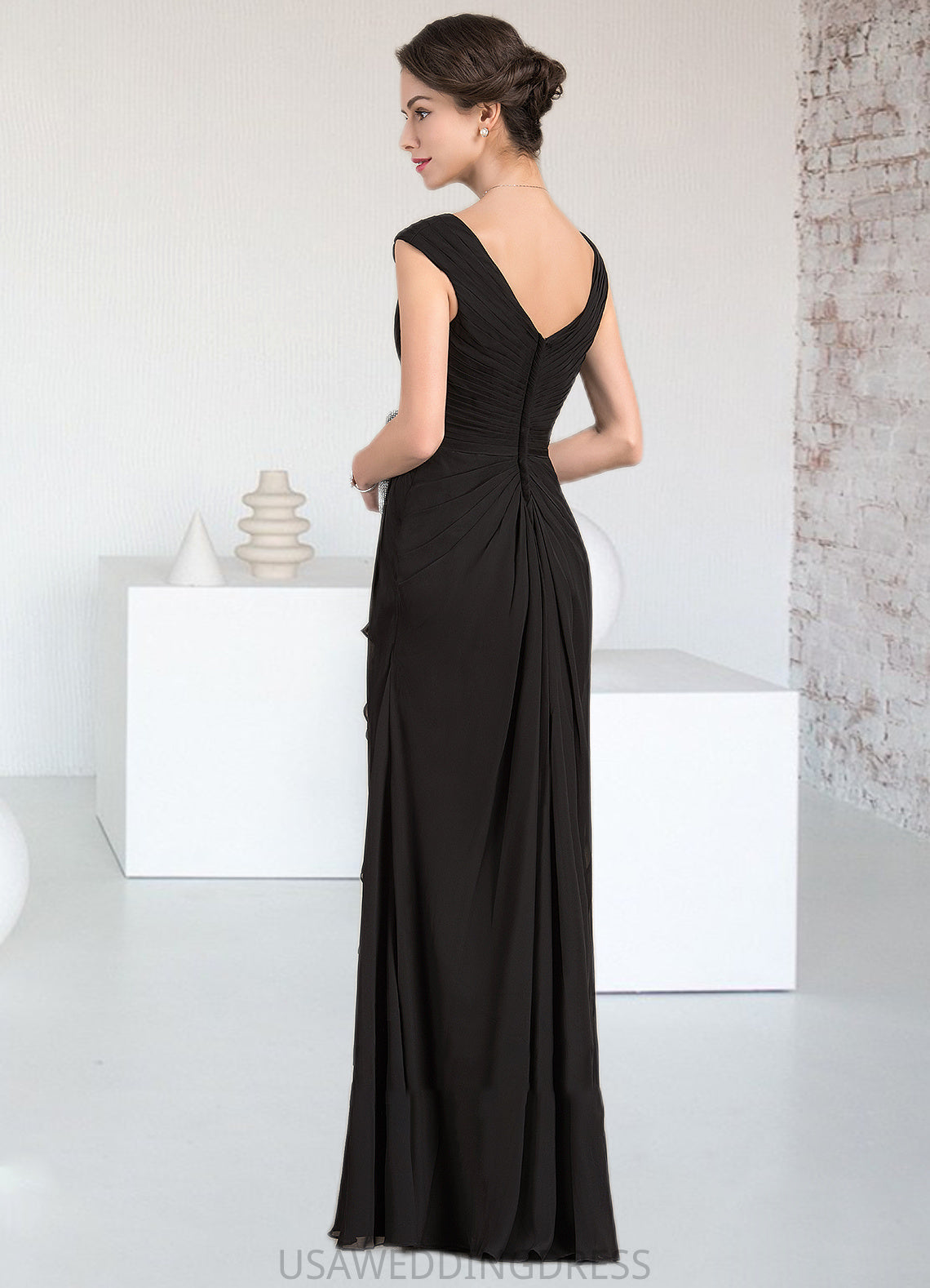 June A-Line V-neck Floor-Length Chiffon Mother of the Bride Dress With Beading Split Front Cascading Ruffles DS126P0014623