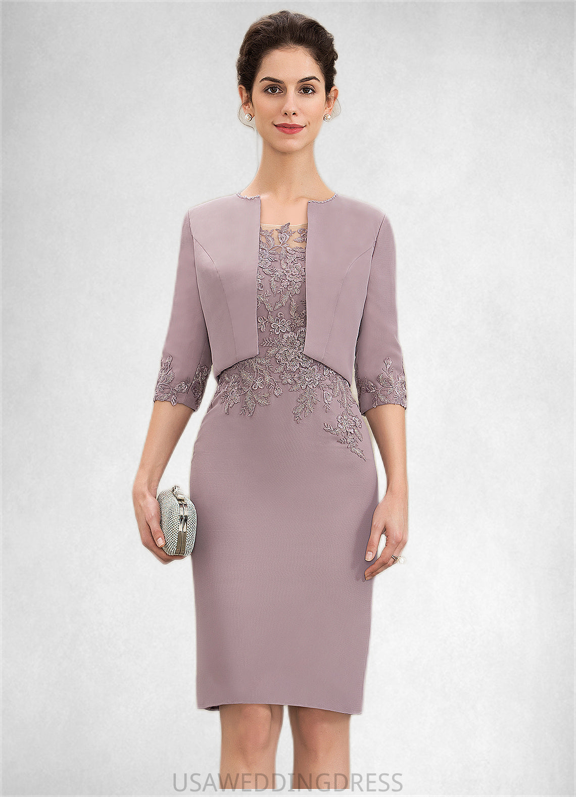 Jamya Sheath/Column Scoop Neck Knee-Length Chiffon Lace Mother of the Bride Dress DS126P0014624