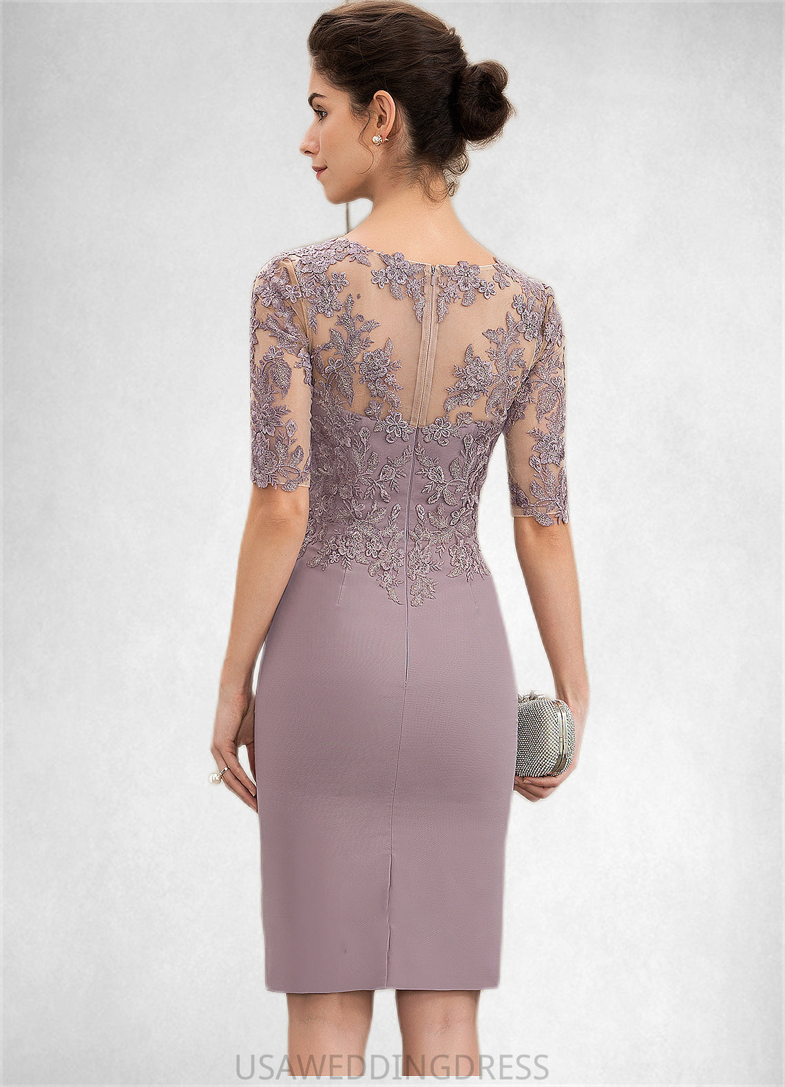 Jamya Sheath/Column Scoop Neck Knee-Length Chiffon Lace Mother of the Bride Dress DS126P0014624