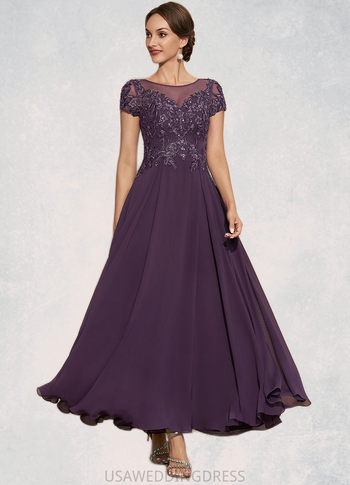 Emily A-Line Scoop Neck Ankle-Length Chiffon Lace Mother of the Bride Dress With Sequins DS126P0014626