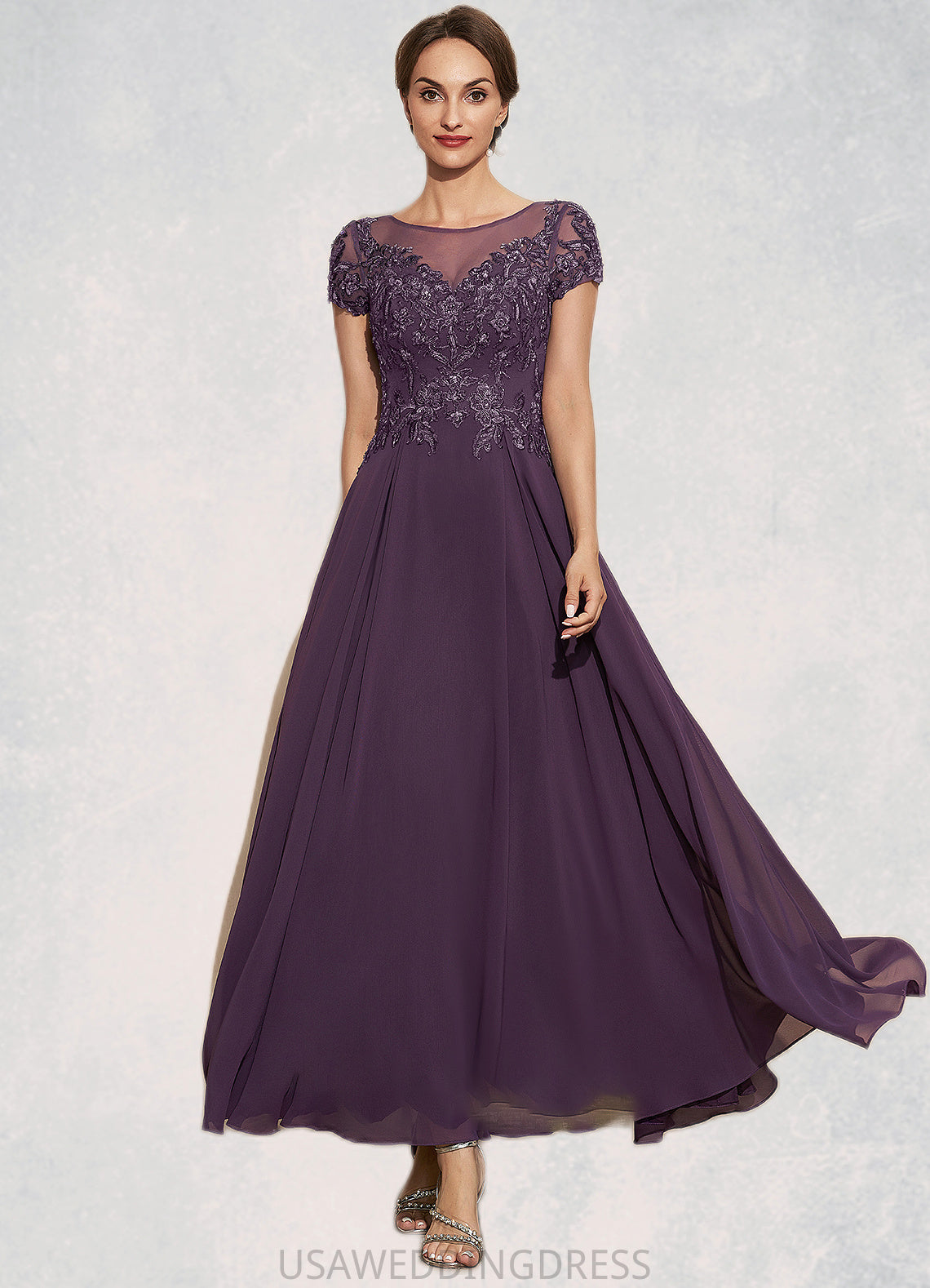 Emily A-Line Scoop Neck Ankle-Length Chiffon Lace Mother of the Bride Dress With Sequins DS126P0014626