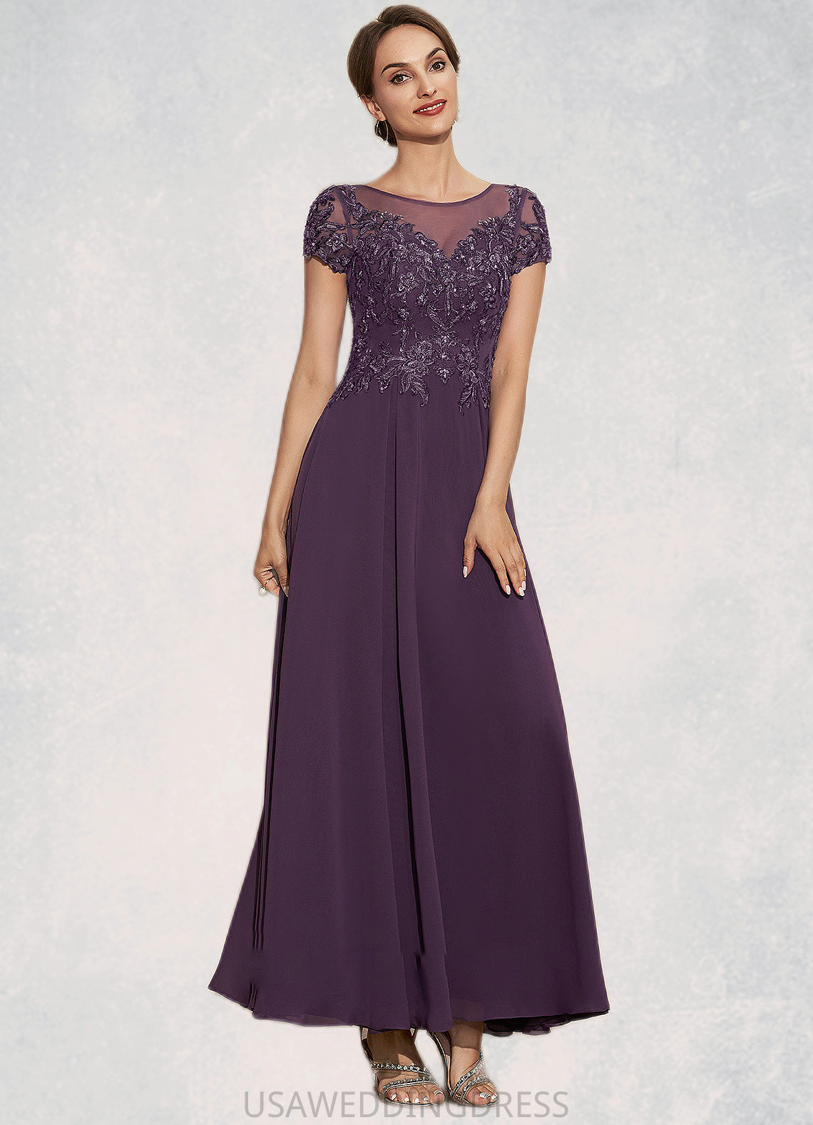 Emily A-Line Scoop Neck Ankle-Length Chiffon Lace Mother of the Bride Dress With Sequins DS126P0014626