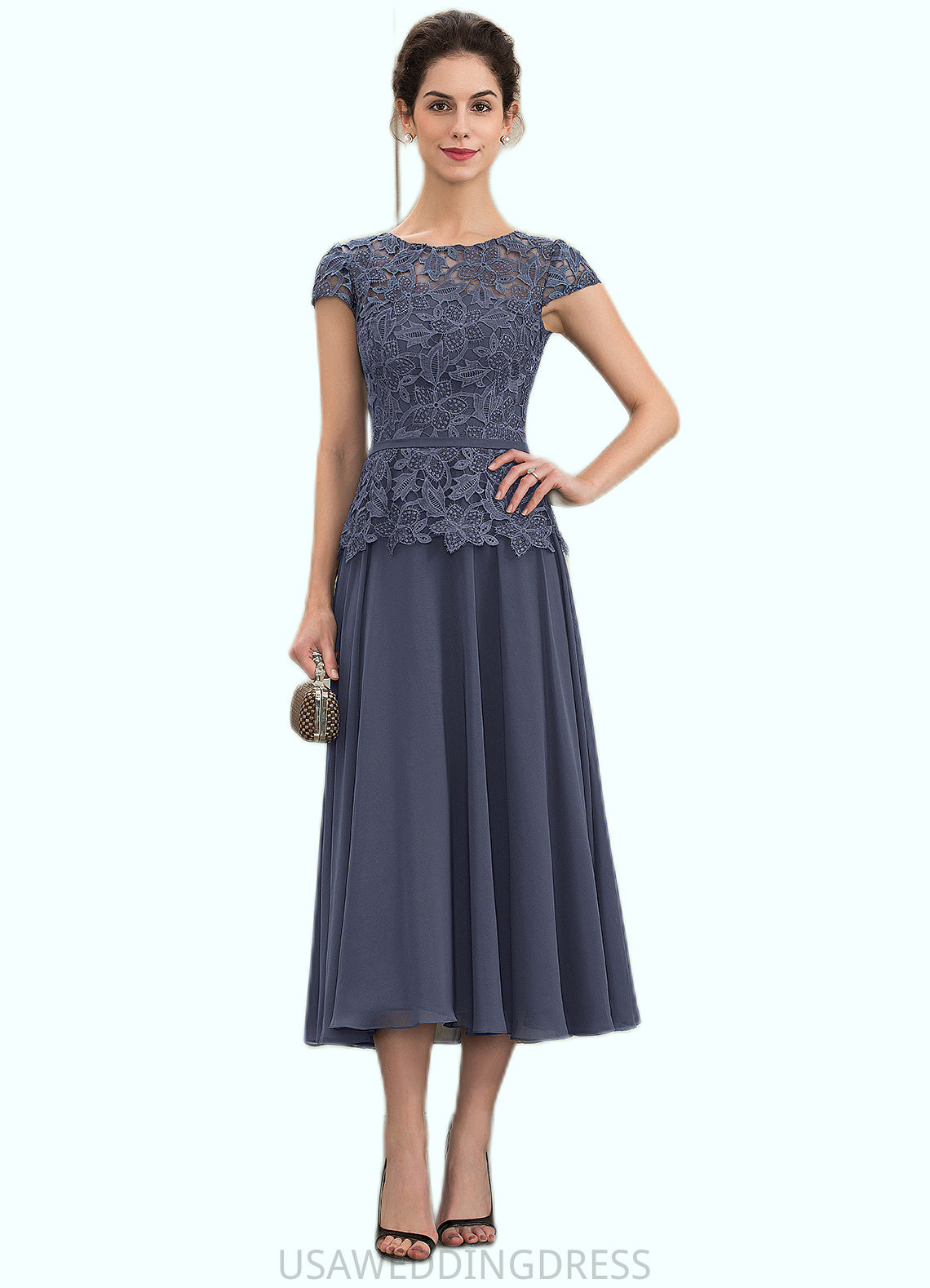 Destiny A-Line Scoop Neck Tea-Length Chiffon Lace Mother of the Bride Dress DS126P0014627