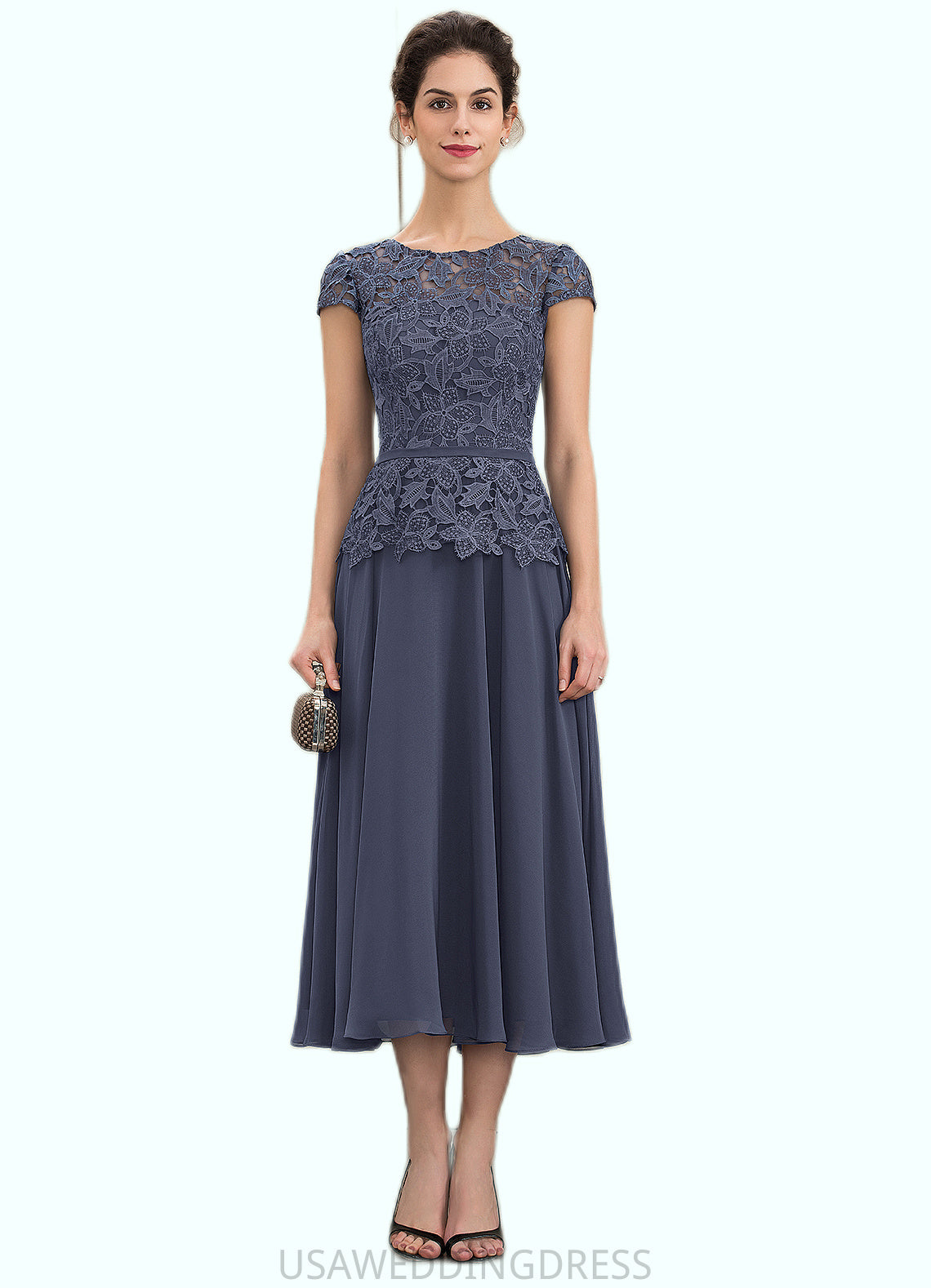 Destiny A-Line Scoop Neck Tea-Length Chiffon Lace Mother of the Bride Dress DS126P0014627