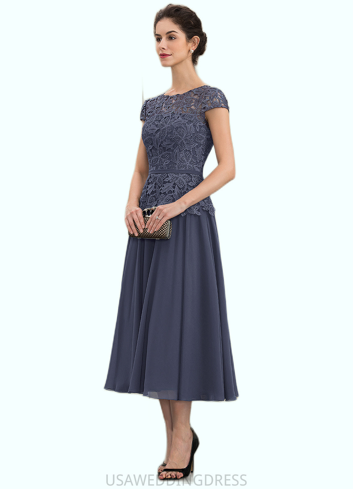 Destiny A-Line Scoop Neck Tea-Length Chiffon Lace Mother of the Bride Dress DS126P0014627