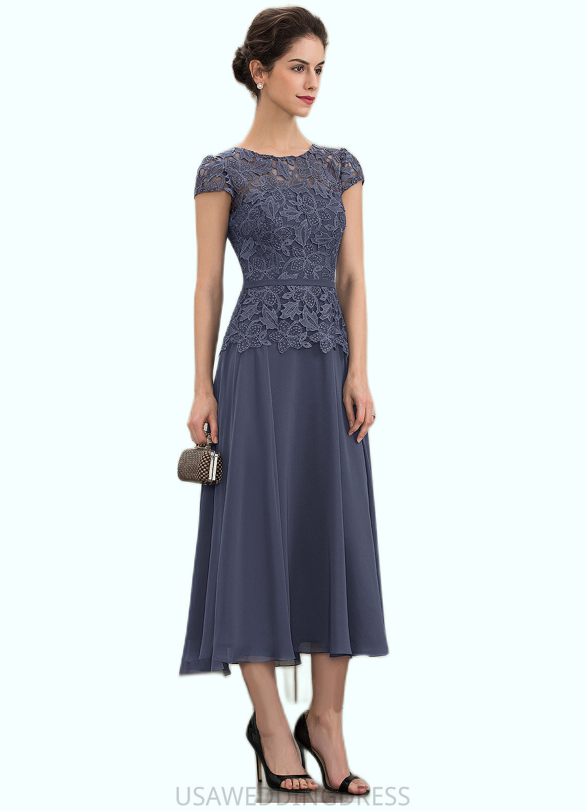 Destiny A-Line Scoop Neck Tea-Length Chiffon Lace Mother of the Bride Dress DS126P0014627