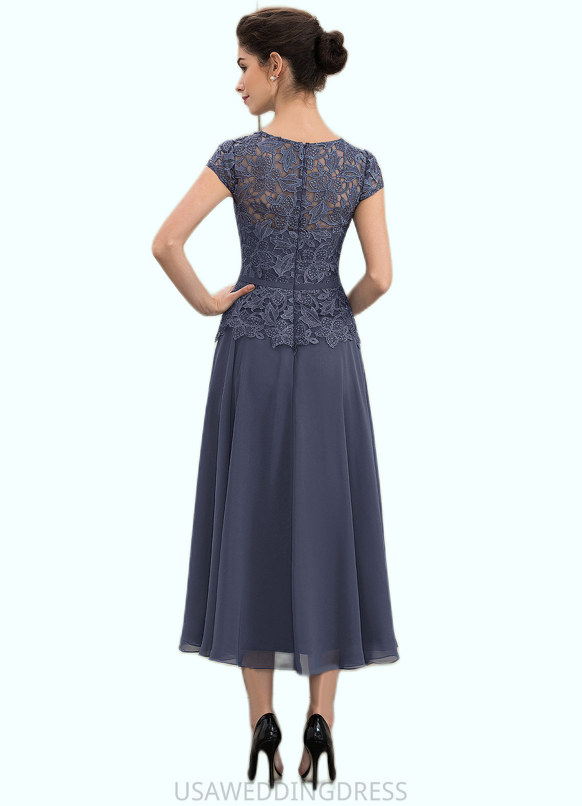 Destiny A-Line Scoop Neck Tea-Length Chiffon Lace Mother of the Bride Dress DS126P0014627