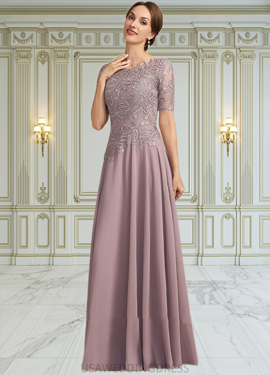 Viviana A-Line Scoop Neck Floor-Length Chiffon Lace Mother of the Bride Dress DS126P0014628