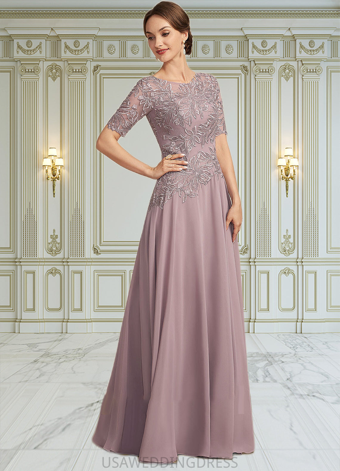 Viviana A-Line Scoop Neck Floor-Length Chiffon Lace Mother of the Bride Dress DS126P0014628