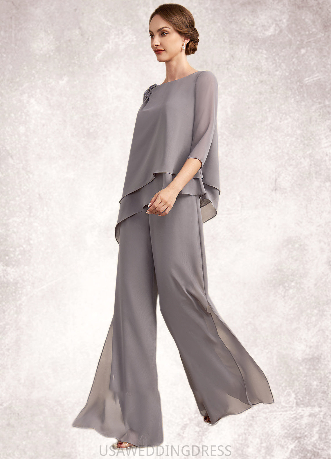 Sal Jumpsuit/Pantsuit Scoop Neck Floor-Length Chiffon Mother of the Bride Dress With Beading DS126P0014630