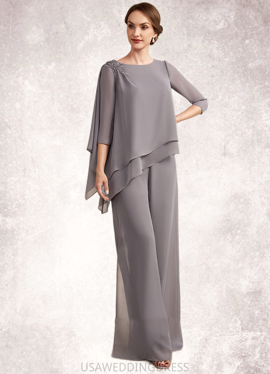 Sal Jumpsuit/Pantsuit Scoop Neck Floor-Length Chiffon Mother of the Bride Dress With Beading DS126P0014630