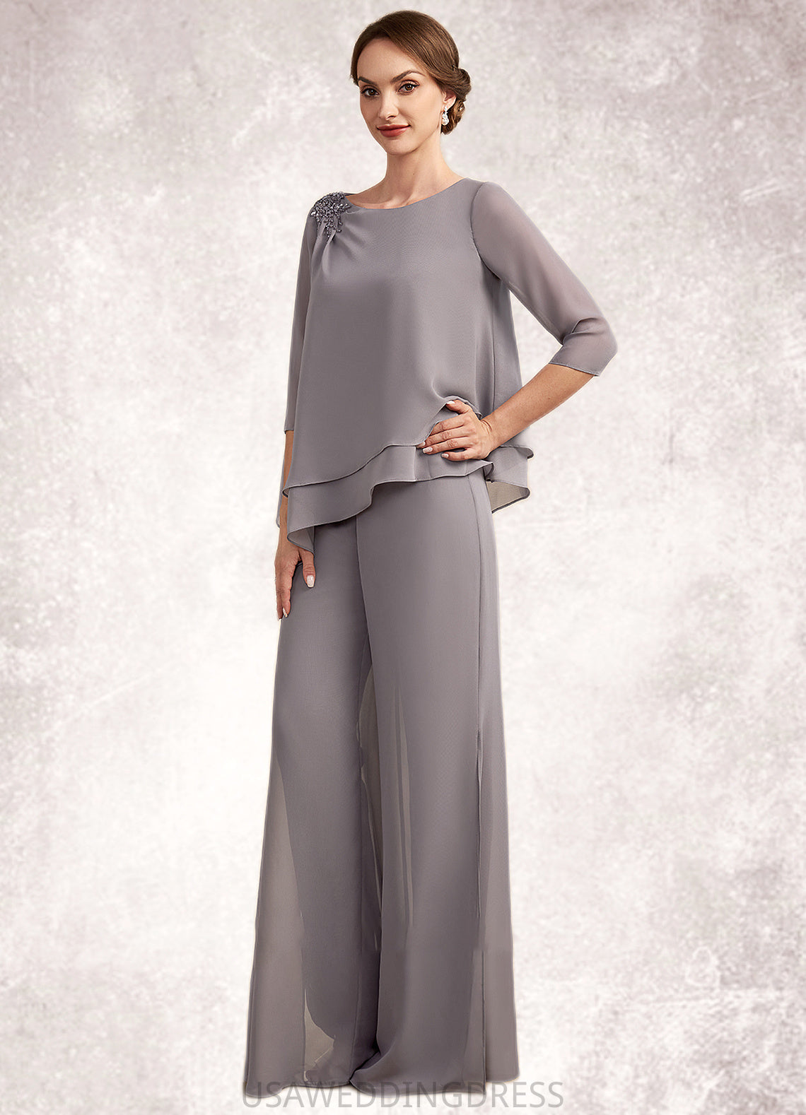 Sal Jumpsuit/Pantsuit Scoop Neck Floor-Length Chiffon Mother of the Bride Dress With Beading DS126P0014630