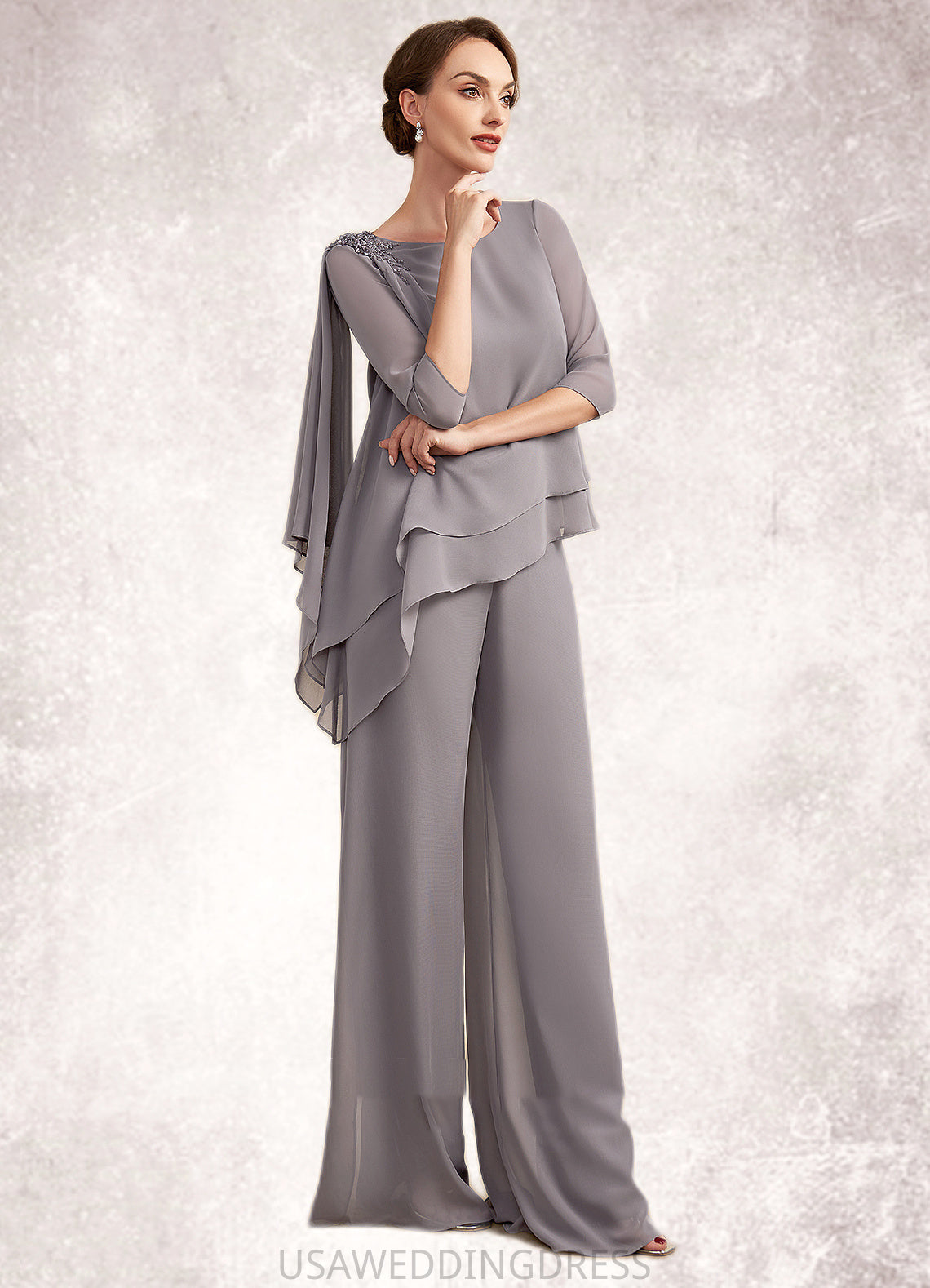 Sal Jumpsuit/Pantsuit Scoop Neck Floor-Length Chiffon Mother of the Bride Dress With Beading DS126P0014630