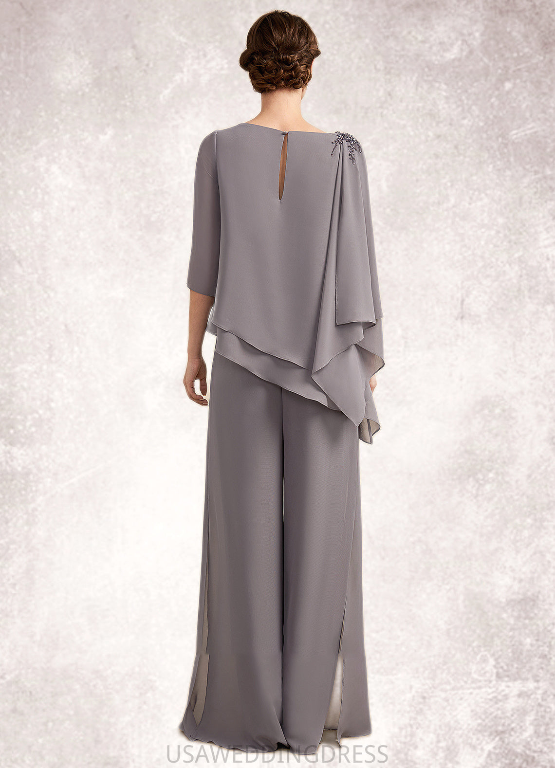 Sal Jumpsuit/Pantsuit Scoop Neck Floor-Length Chiffon Mother of the Bride Dress With Beading DS126P0014630