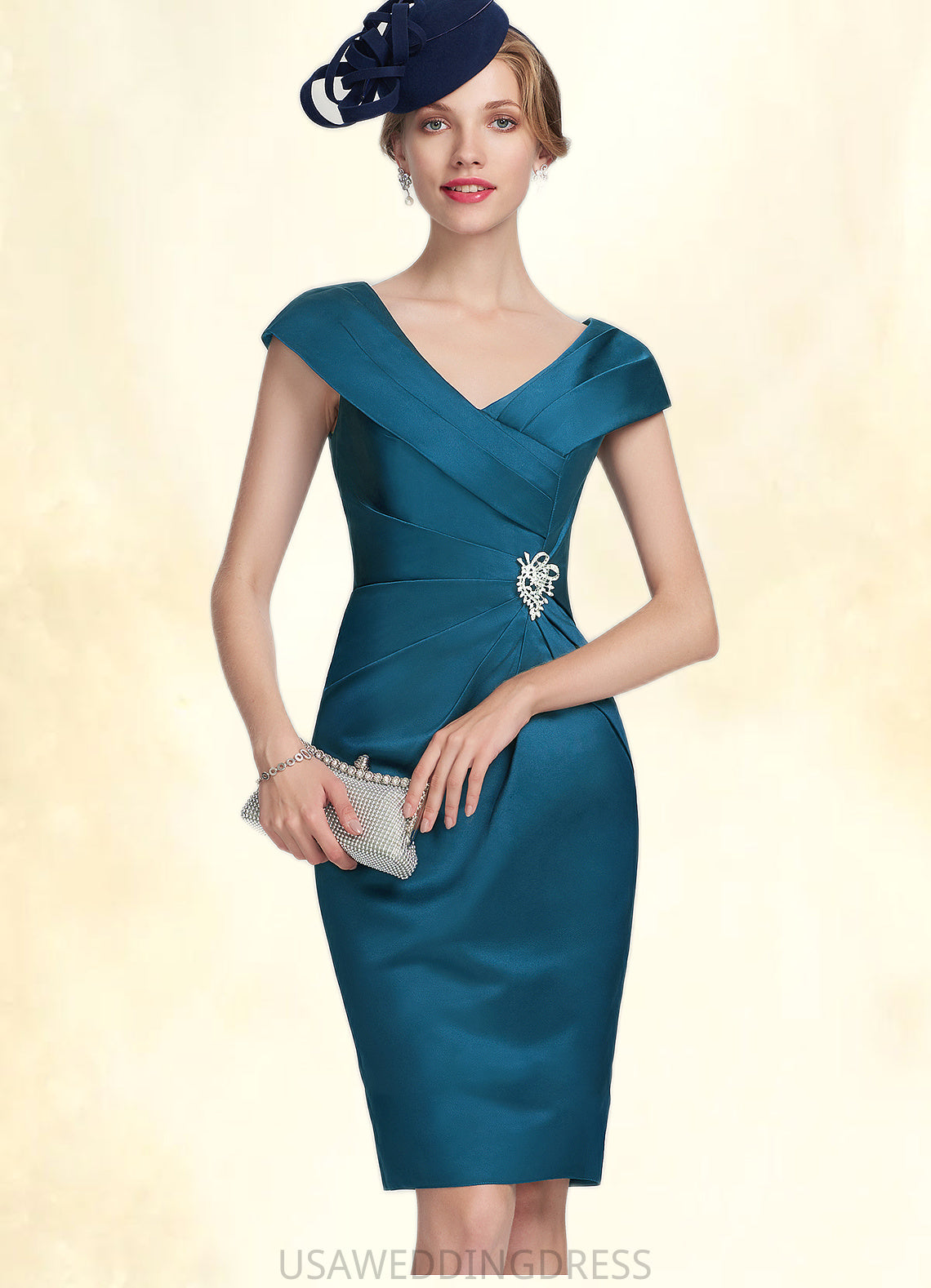 Leah Sheath/Column V-neck Knee-Length Satin Mother of the Bride Dress With Ruffle Beading DS126P0014631