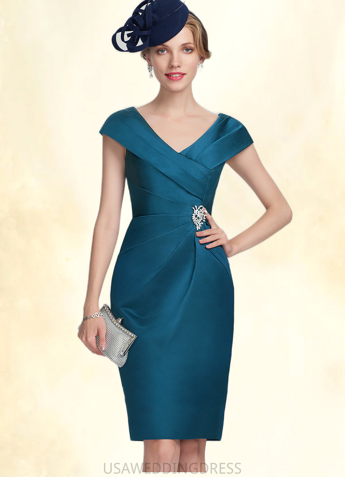 Leah Sheath/Column V-neck Knee-Length Satin Mother of the Bride Dress With Ruffle Beading DS126P0014631